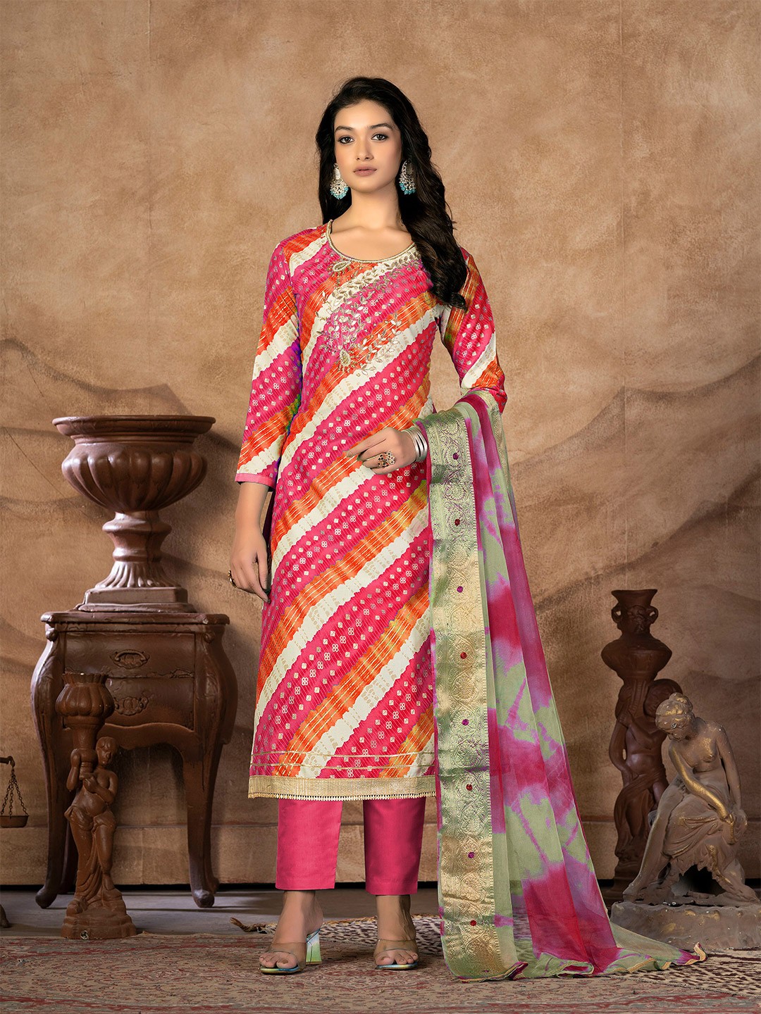 

KALINI Leheriya Embellished Unstitched Dress Material, Pink