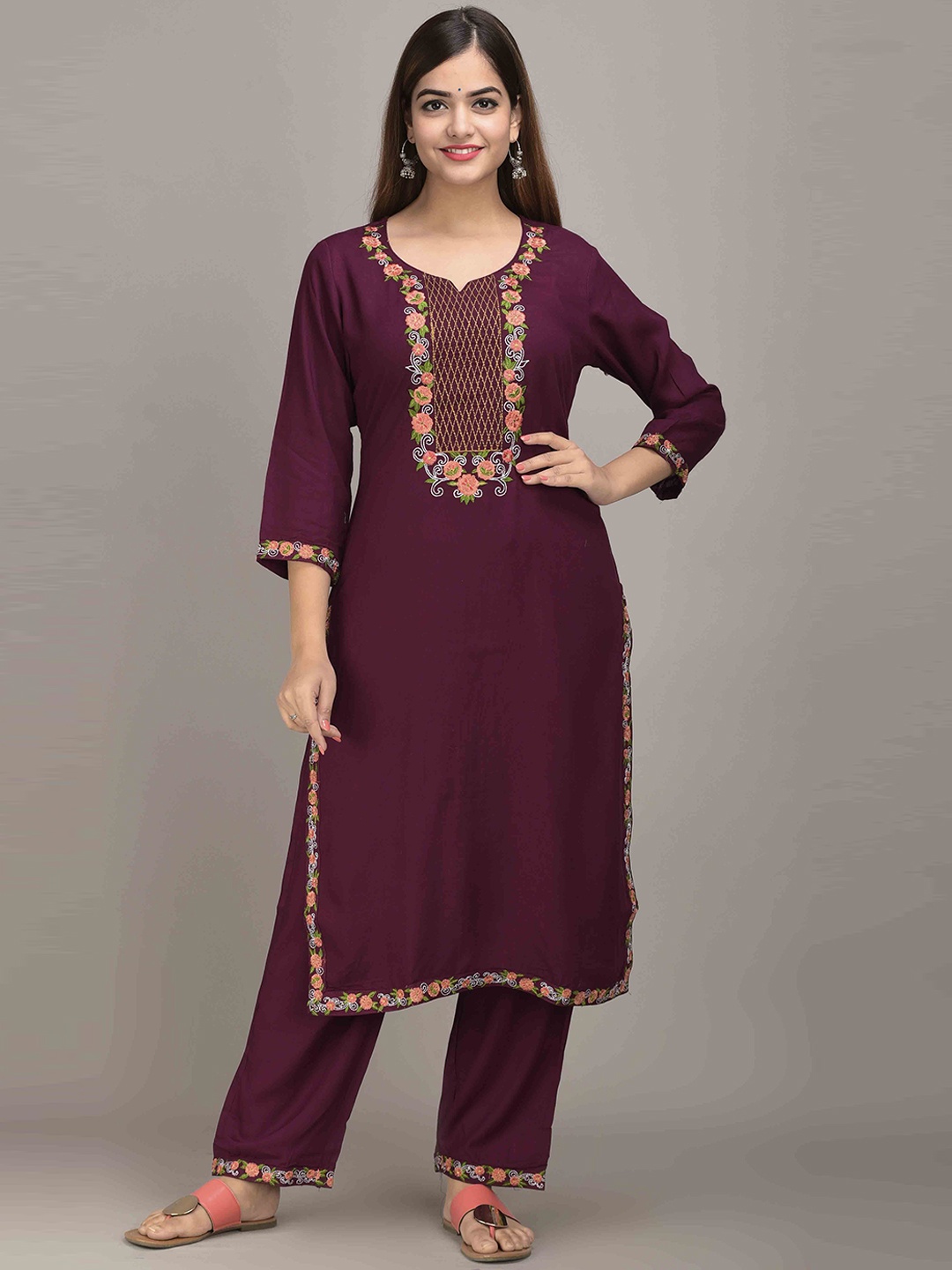 

JAIPUR FASHION MODE Floral Embroidered Regular Kurta with Trousers, Maroon