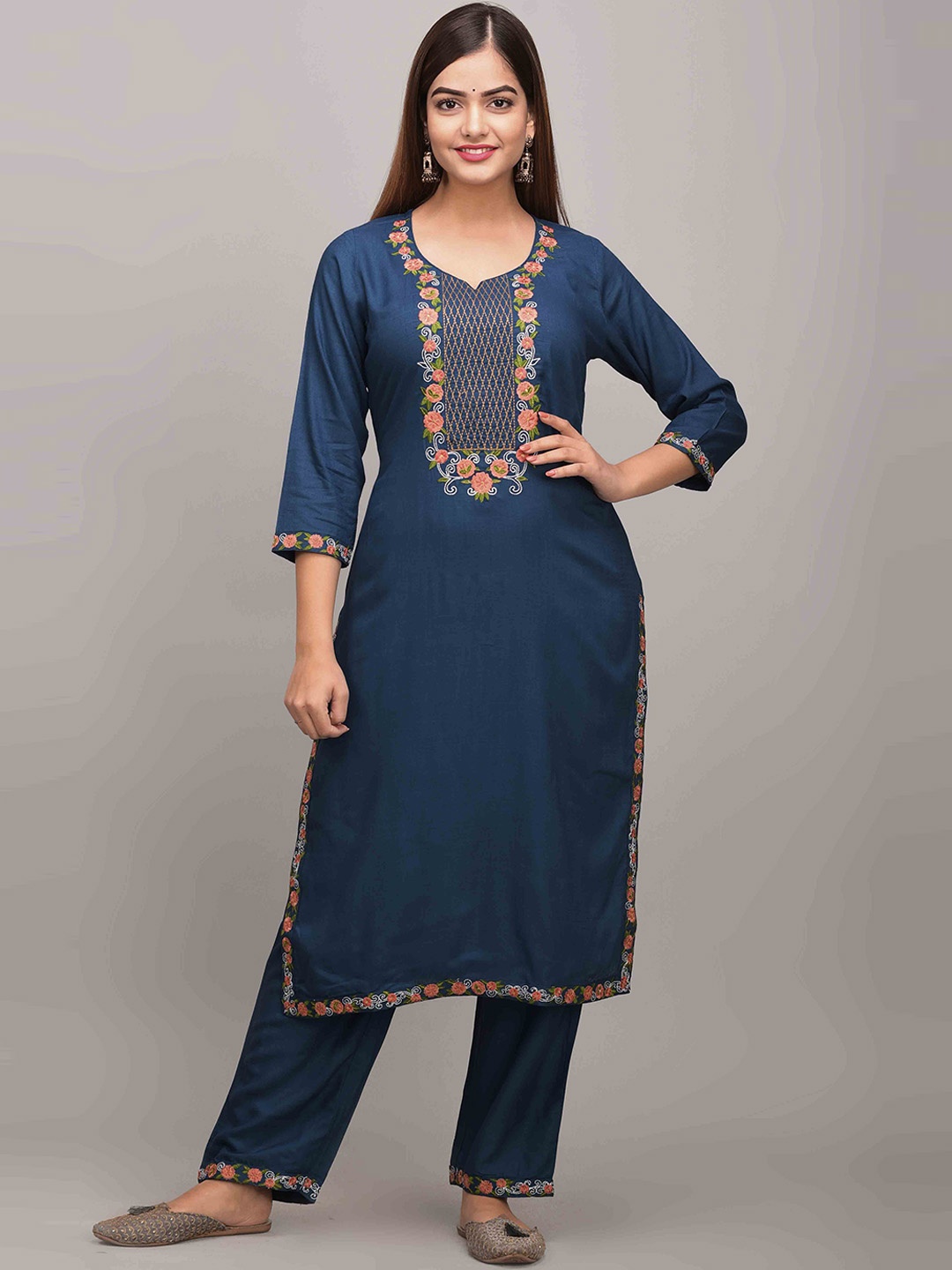 

JAIPUR FASHION MODE Floral Embroidered Regular Kurta with Trousers, Blue