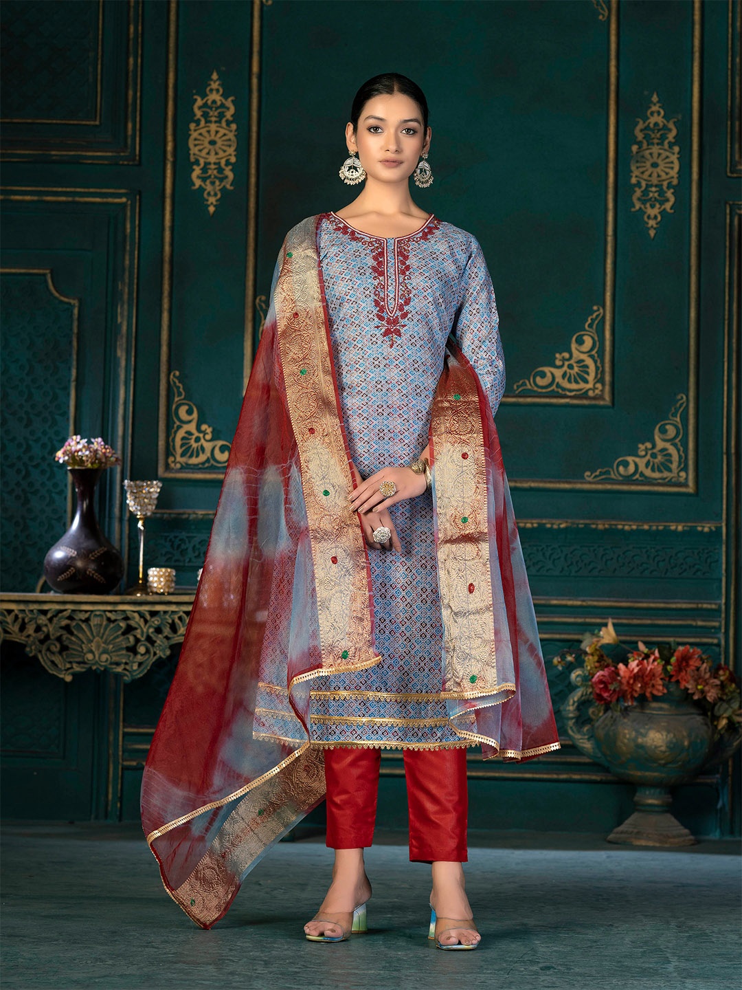 

KALINI Ethnic Motifs Printed Unstitched Dress Material, Blue
