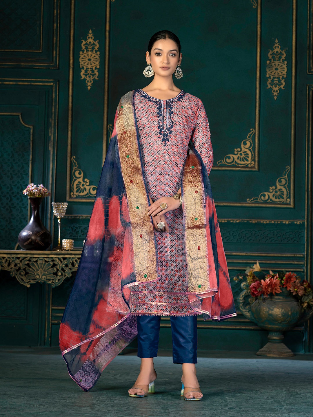 

KALINI Ethnic Motifs Printed Unstitched Dress Material, Red