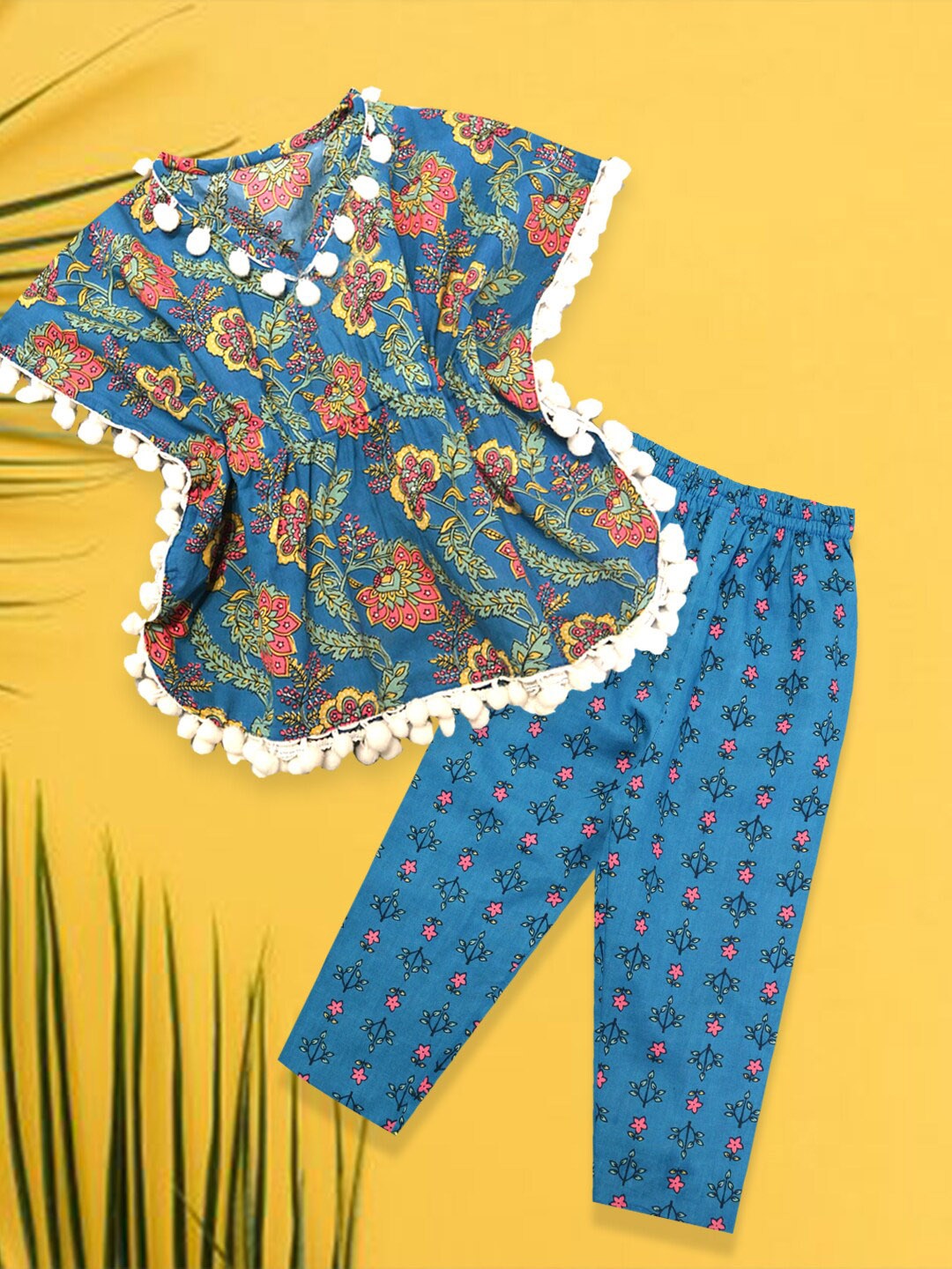 

A.T.U.N. Girls Floral Printed Pure Cotton Top With Pyjamas, Blue
