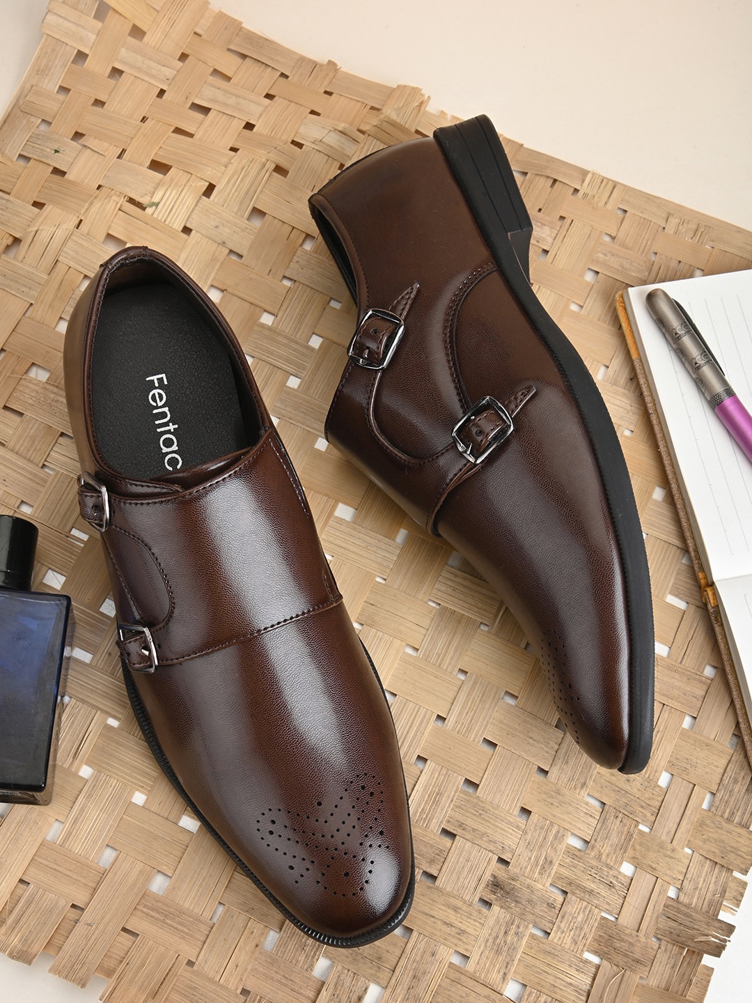 

Fentacia Men Perforated Formal Monk Shoes, Brown