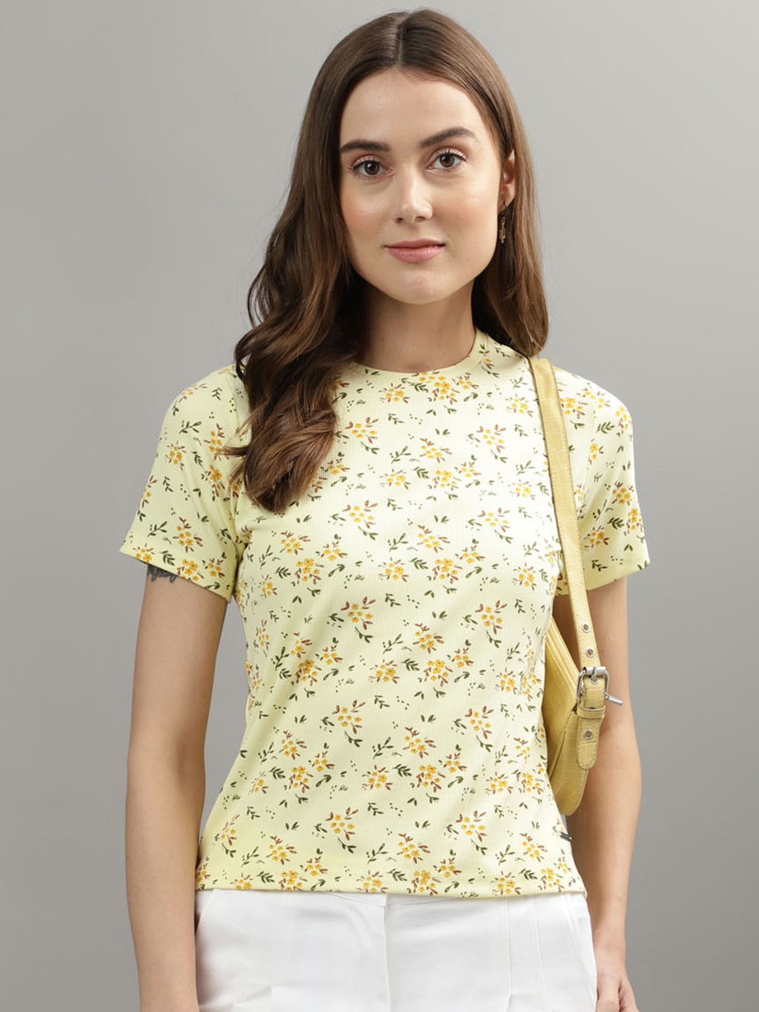 

Iconic Floral Printed Round Neck T-shirt, Yellow