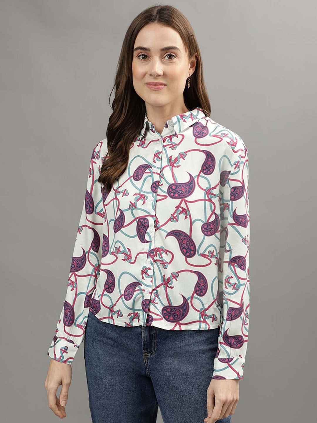 

Iconic Conversational Printed Spread Collar Casual Shirt, White