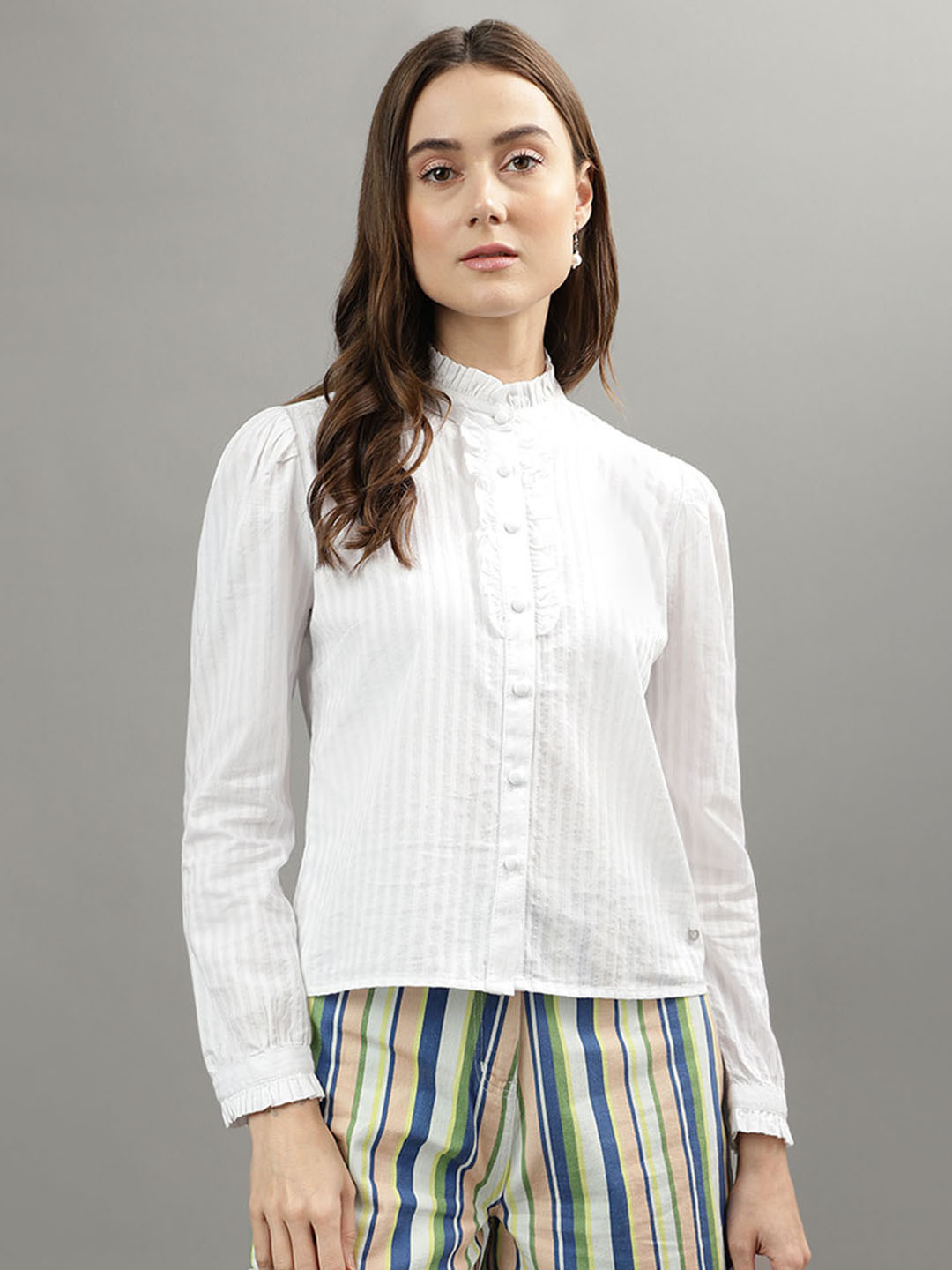 

Iconic Self Design Mandarin Collar Pure Cotton Top, White