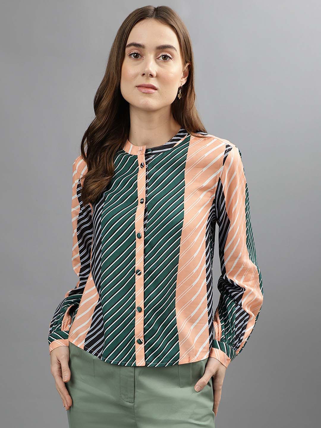 

Iconic Striped Mandarin Collar Slim Fit Casual Shirt, Green