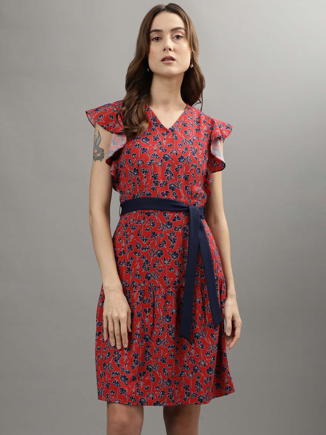 

Iconic Floral Printed V-Neck Flutter Sleeve Flounce Hem Belted Fit & Flare Dress, Red