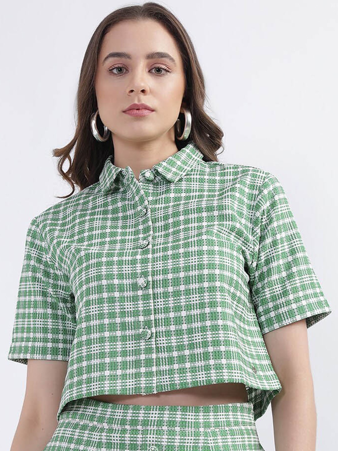 

Iconic Checked Shirt Style Crop Top, Green