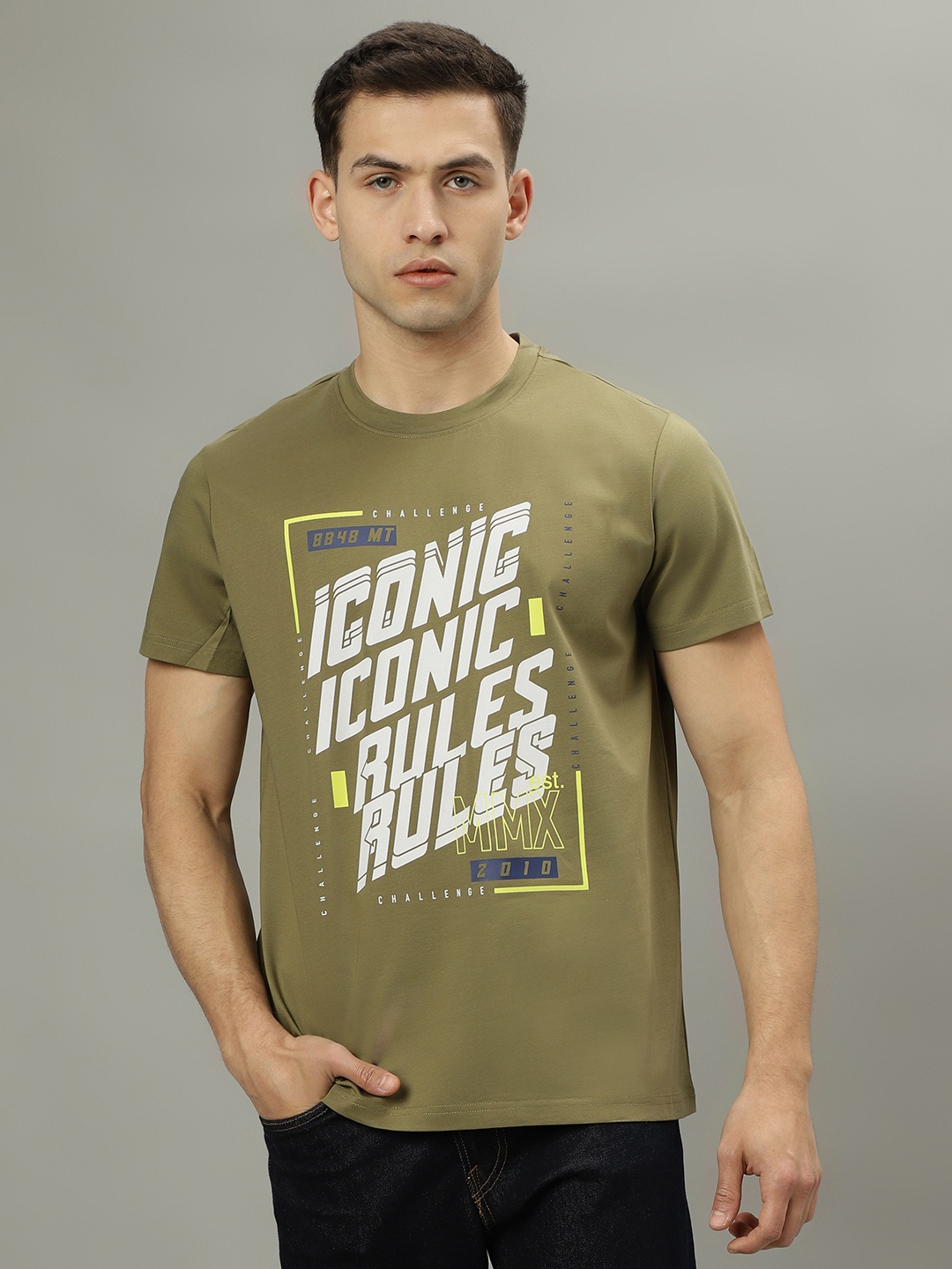 

Iconic Typographic Printed Round Neck Pure Cotton T-shirt, Olive