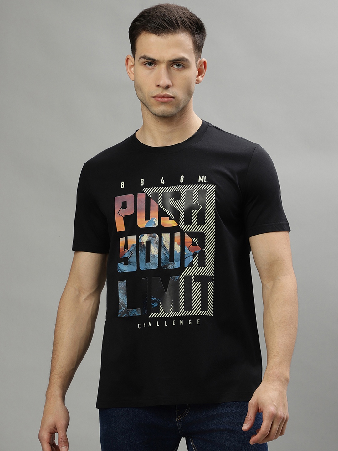 Iconic Typographic Printed Round Neck Pure Cotton T-shirt, Black