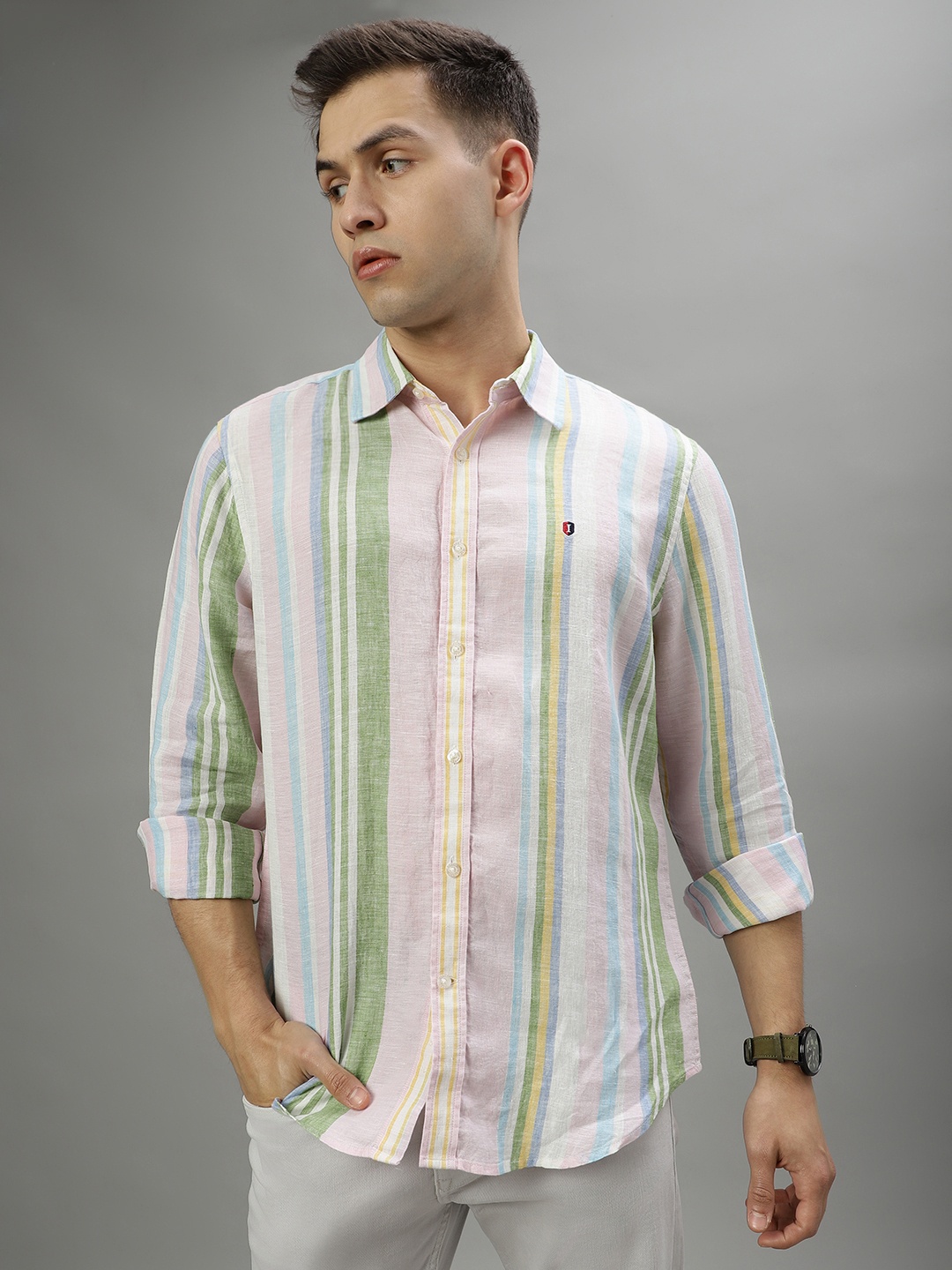 

Iconic Striped Opaque Casual Linen Shirt, White