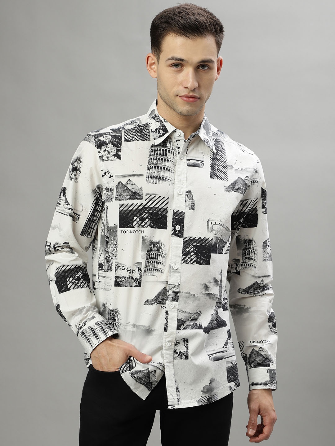 

Iconic Abstract Printed Spread Collar Pure Cotton Casual Shirt, Black