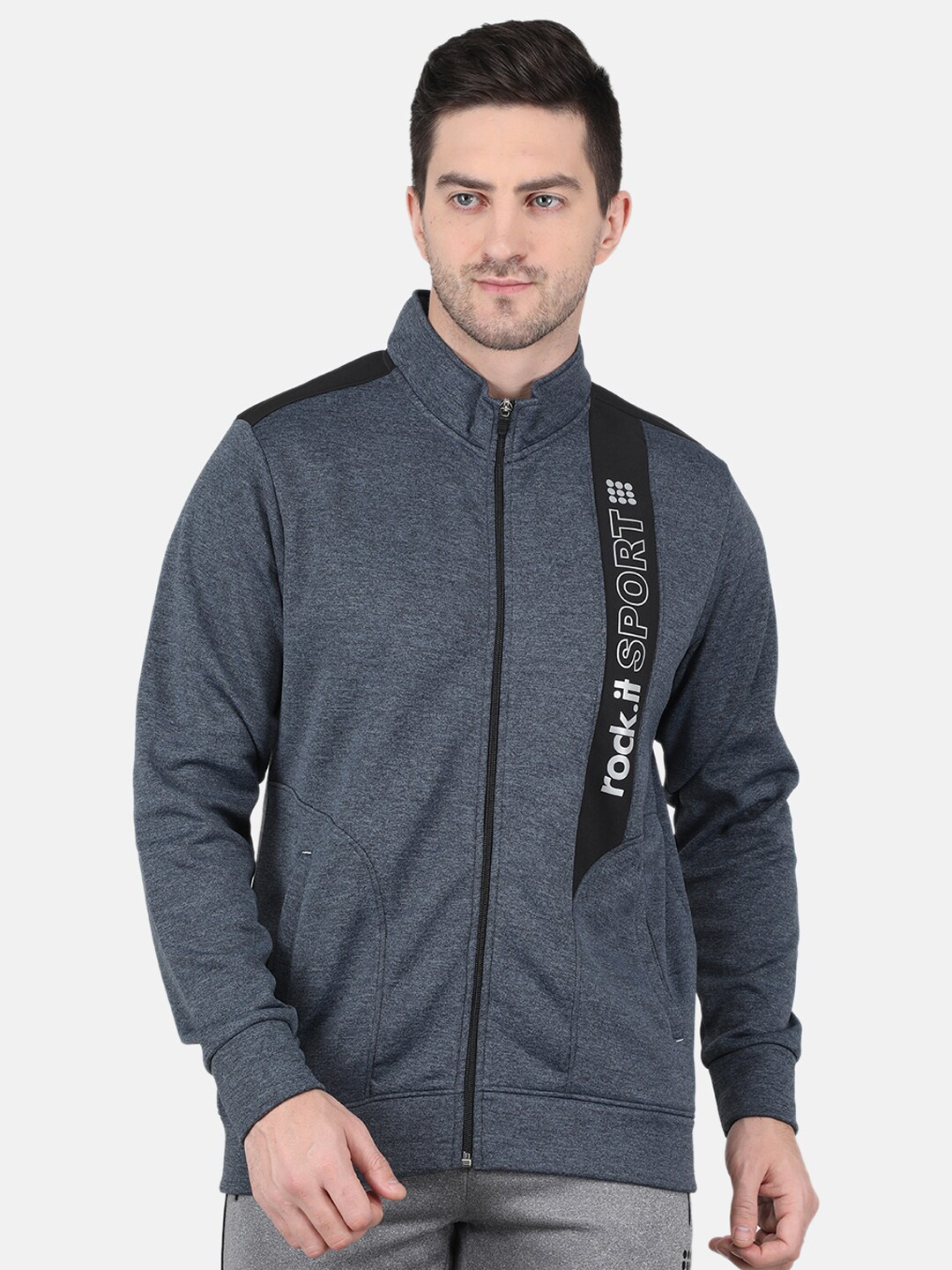 

rock.it Brand Logo Printed Front-Open Sweatshirt, Grey