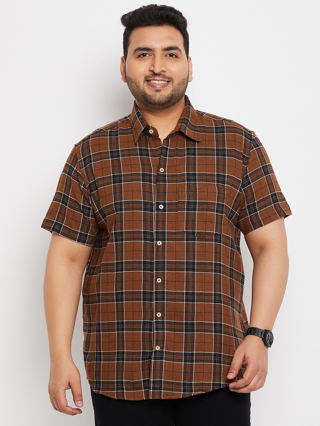 

bigbanana Plus Size Tartan Checked Pure Cotton Casual Shirt, Brown