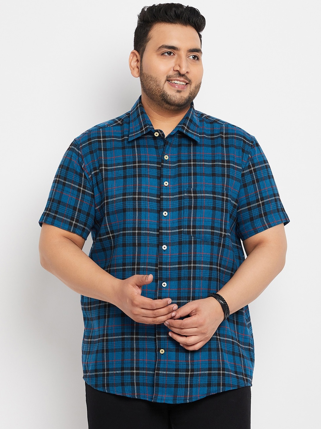 

bigbanana Plus Size Tartan Checked Pure Cotton Casual Shirt, Blue