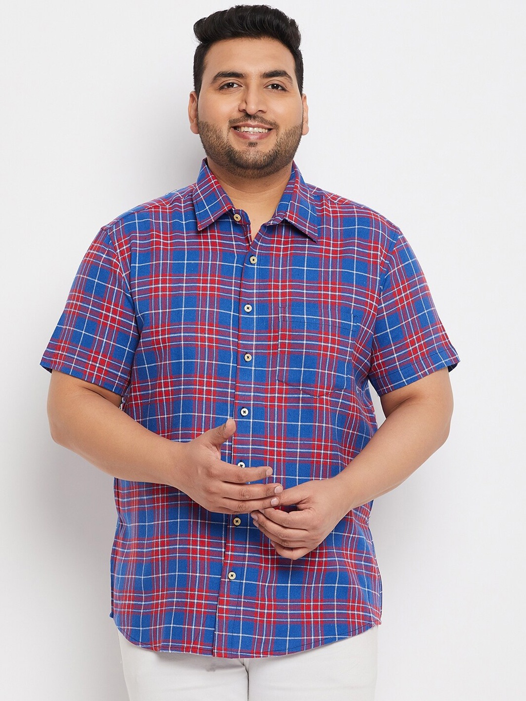 

bigbanana Men Plus Size Checked Pure Cotton Casual Shirt, Blue