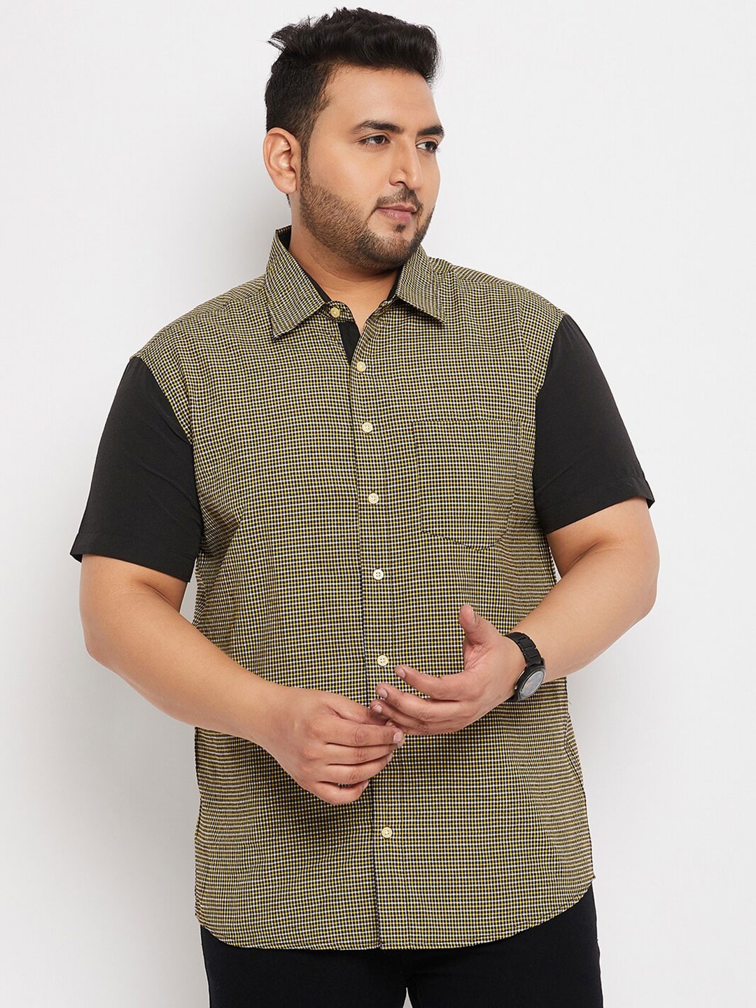 

bigbanana Plus Size Micro Checked Pure Cotton Casual Shirt, Yellow