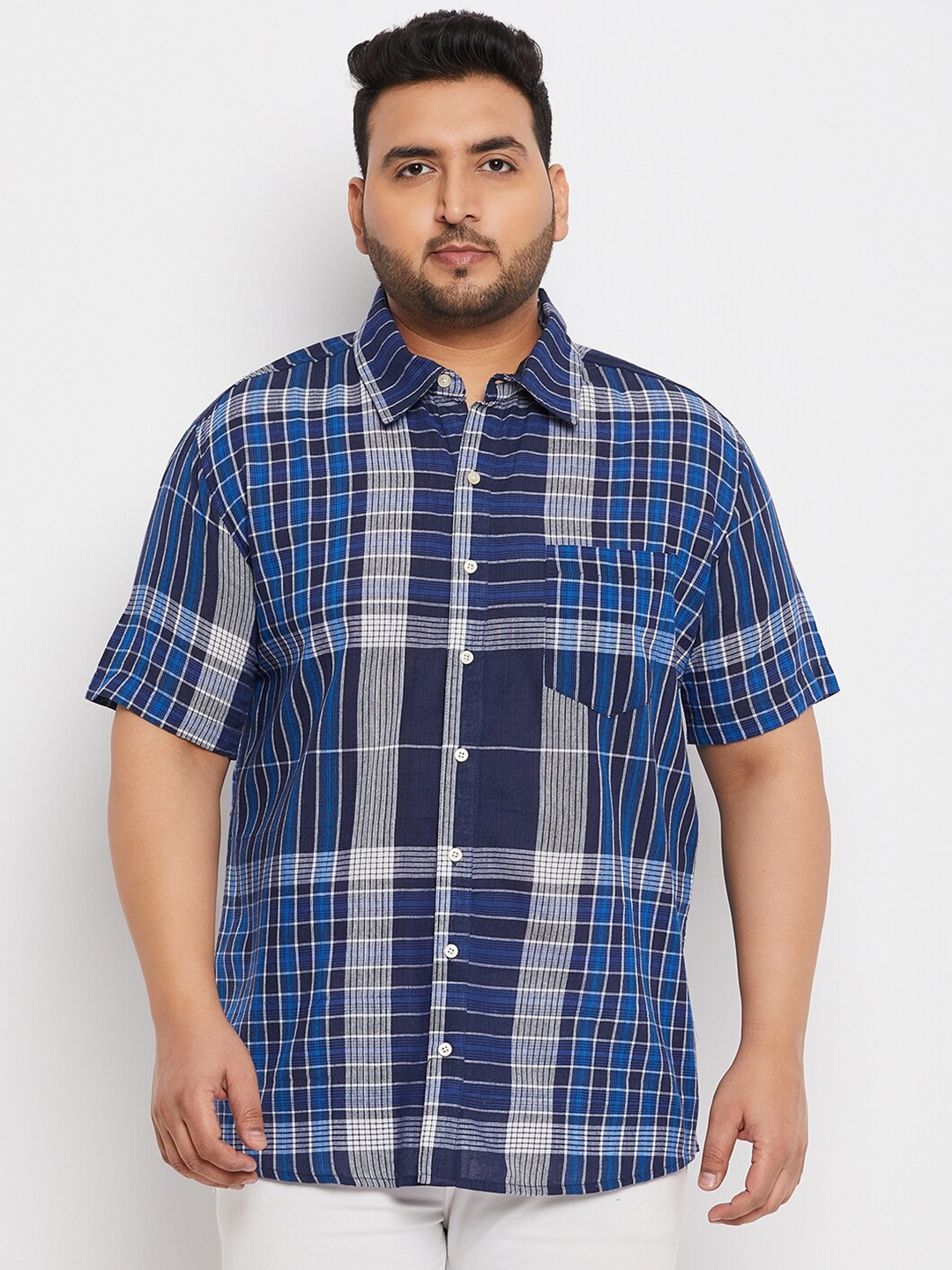 

bigbanana Plus Size Tartan Checks Pure Cotton Casual Shirt, Blue