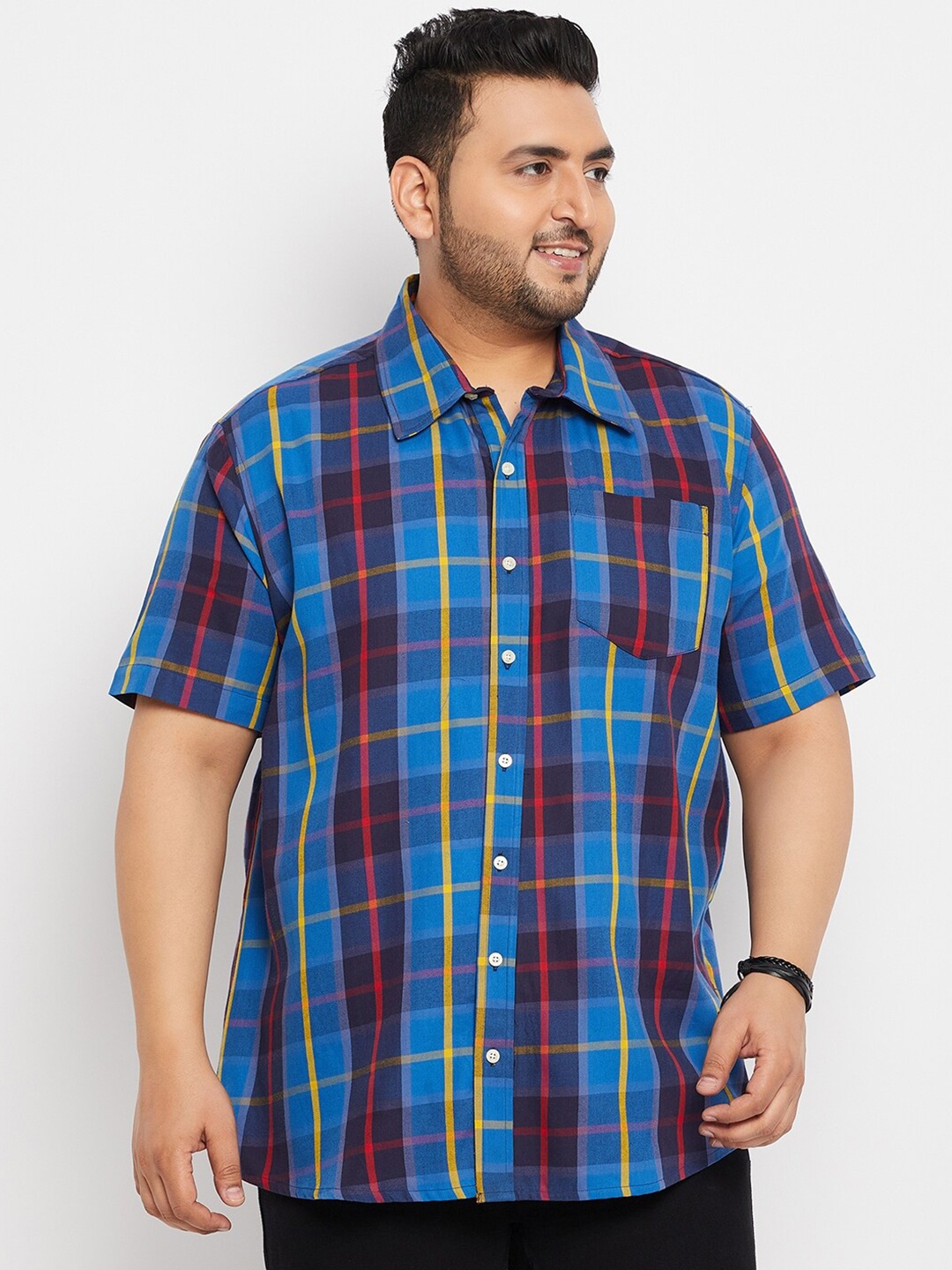 

bigbanana Plus Size Tartan Checked Opaque Pure Cotton Casual Shirt, Blue