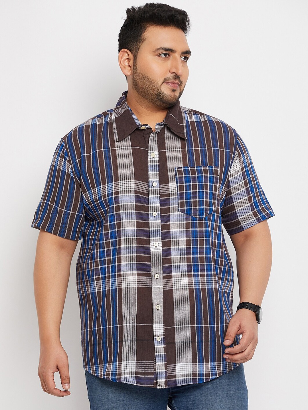 

bigbanana Plus Size Tartan Checks Pure Cotton Casual Shirt, Brown