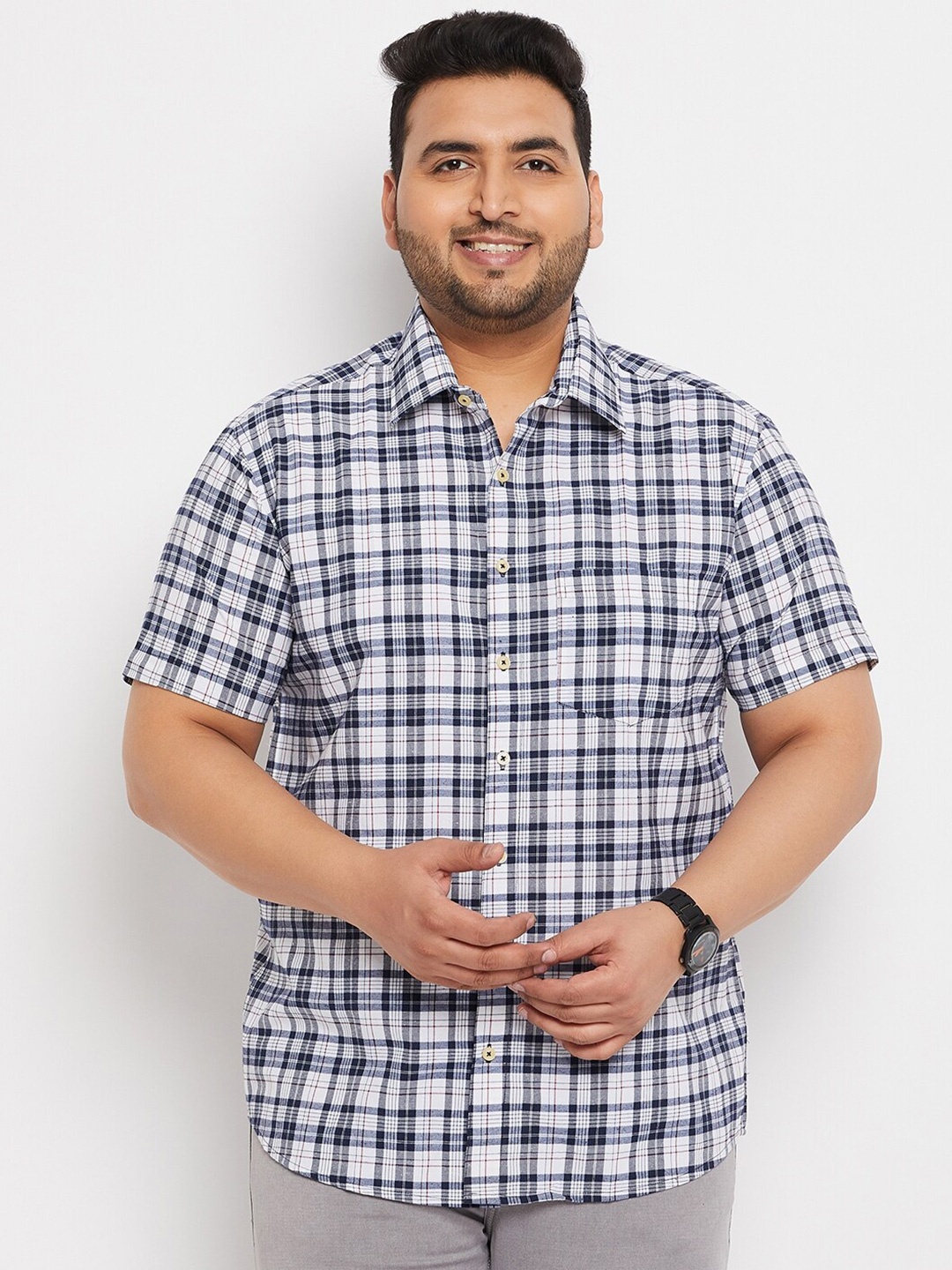 

bigbanana Plus Size Regular Fit Tartan Checked Opaque Pure Cotton Casual Shirt, White
