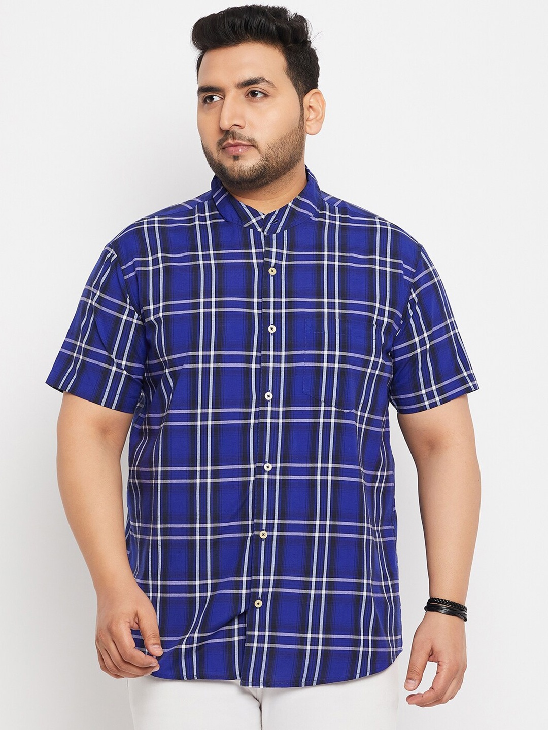 

bigbanana Checked Opaque Pure Cotton Plus Size Casual Shirt, Blue