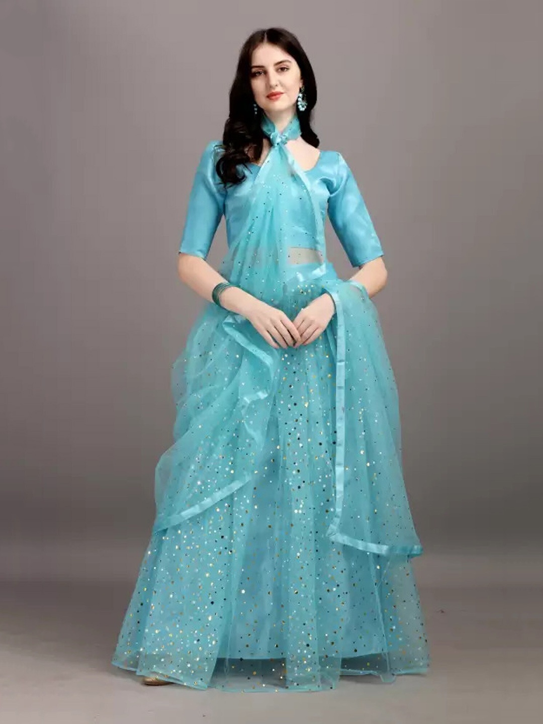 

APNISHA Sequinned Semi-Stitched Lehenga & Unstitched Blouse With Dupatta, Turquoise blue