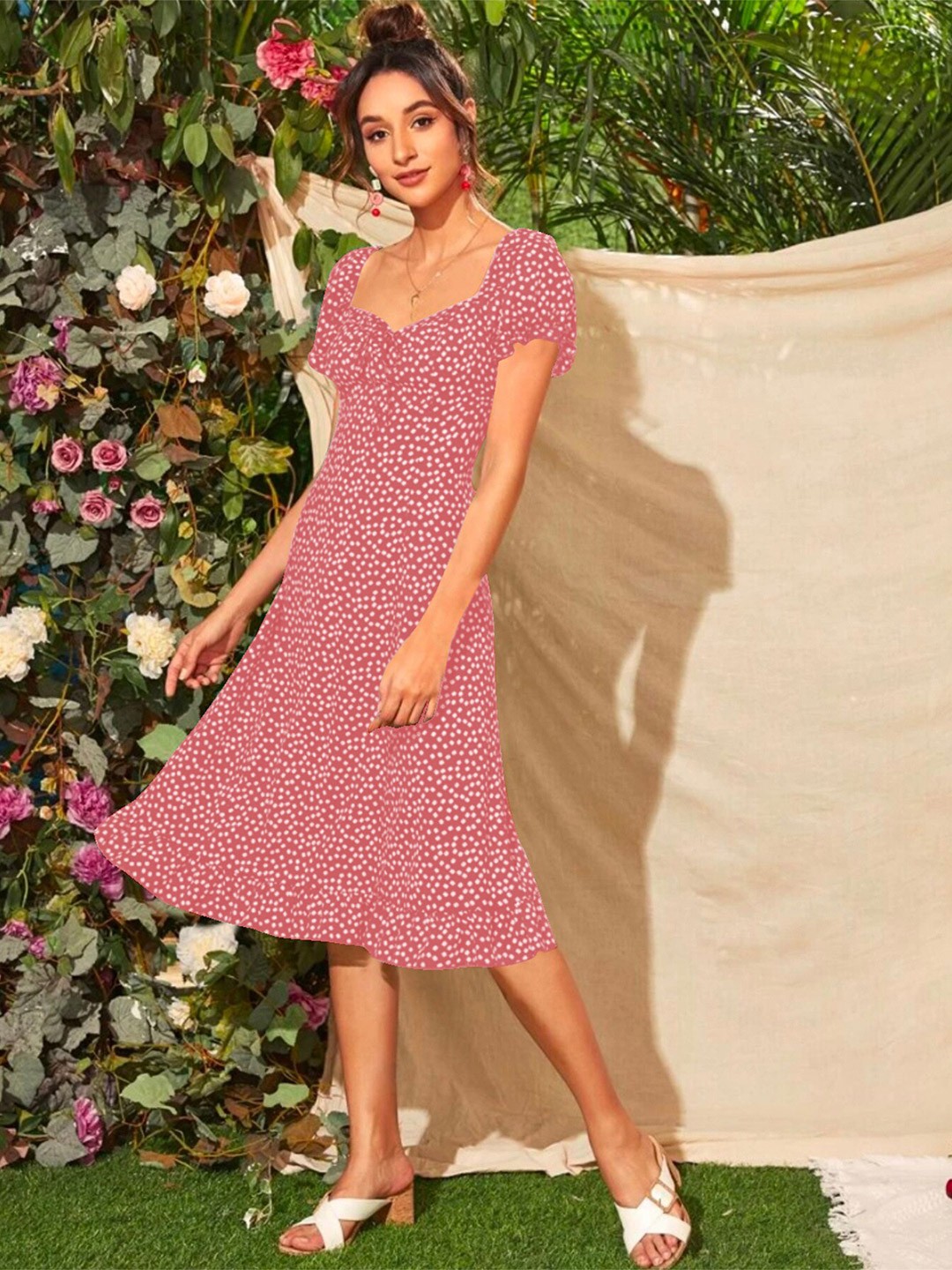 

Dream Beauty Fashion Floral Printed Sweetheart Neck Puffed Sleeves Ruffled A-Line Dress, Pink