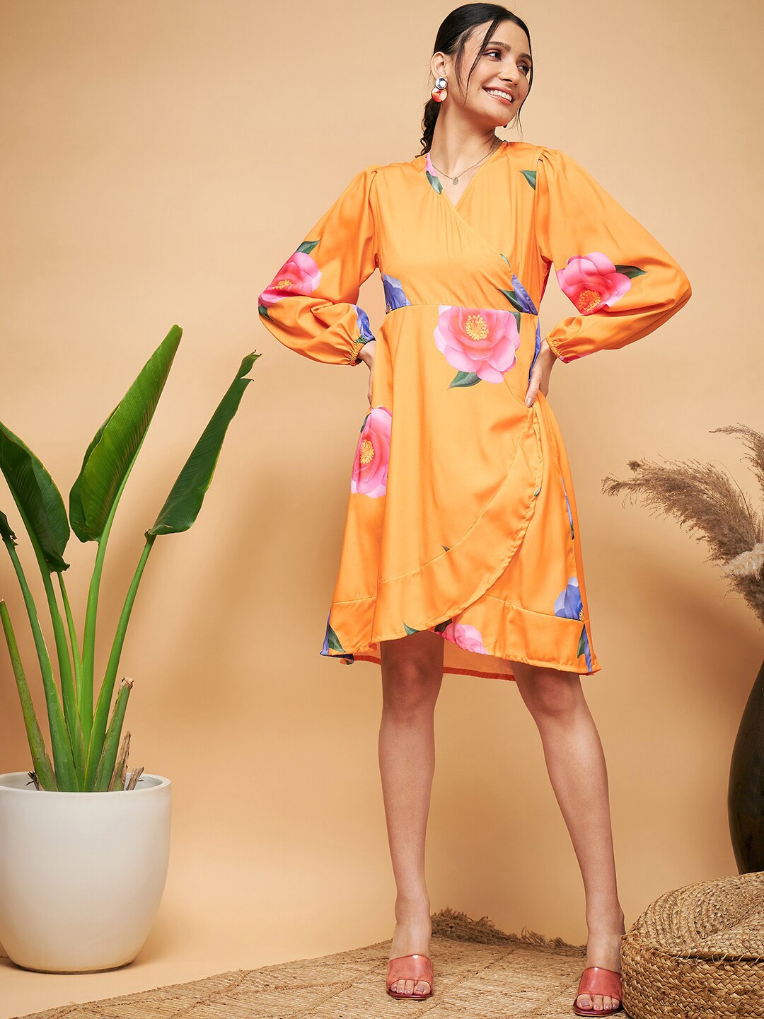 

InWeave Floral Printed Puff Sleeves Tie Ups Wrap Dress, Yellow