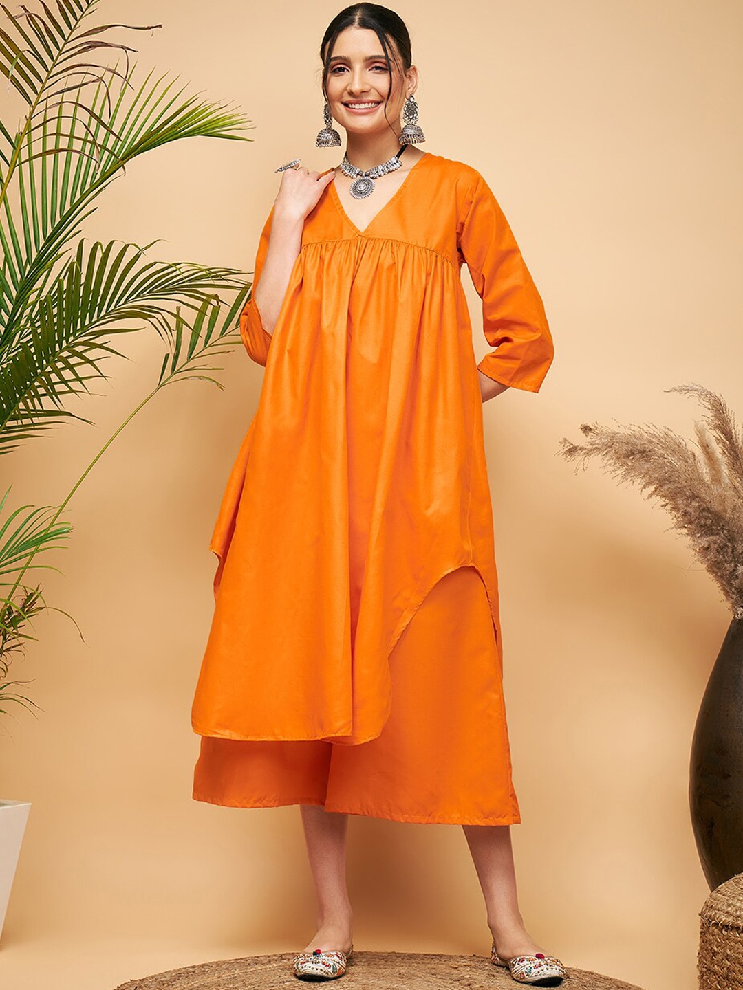 

InWeave Orange A-Line Pure Cotton Kurta with Palazzos