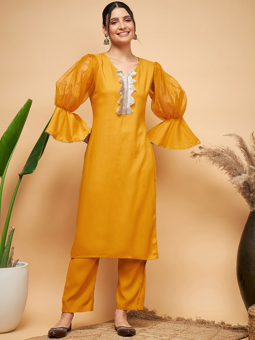 

InWeave Mustard Yellow Puff Sleeve Gotta Patti Kurta With Trousers