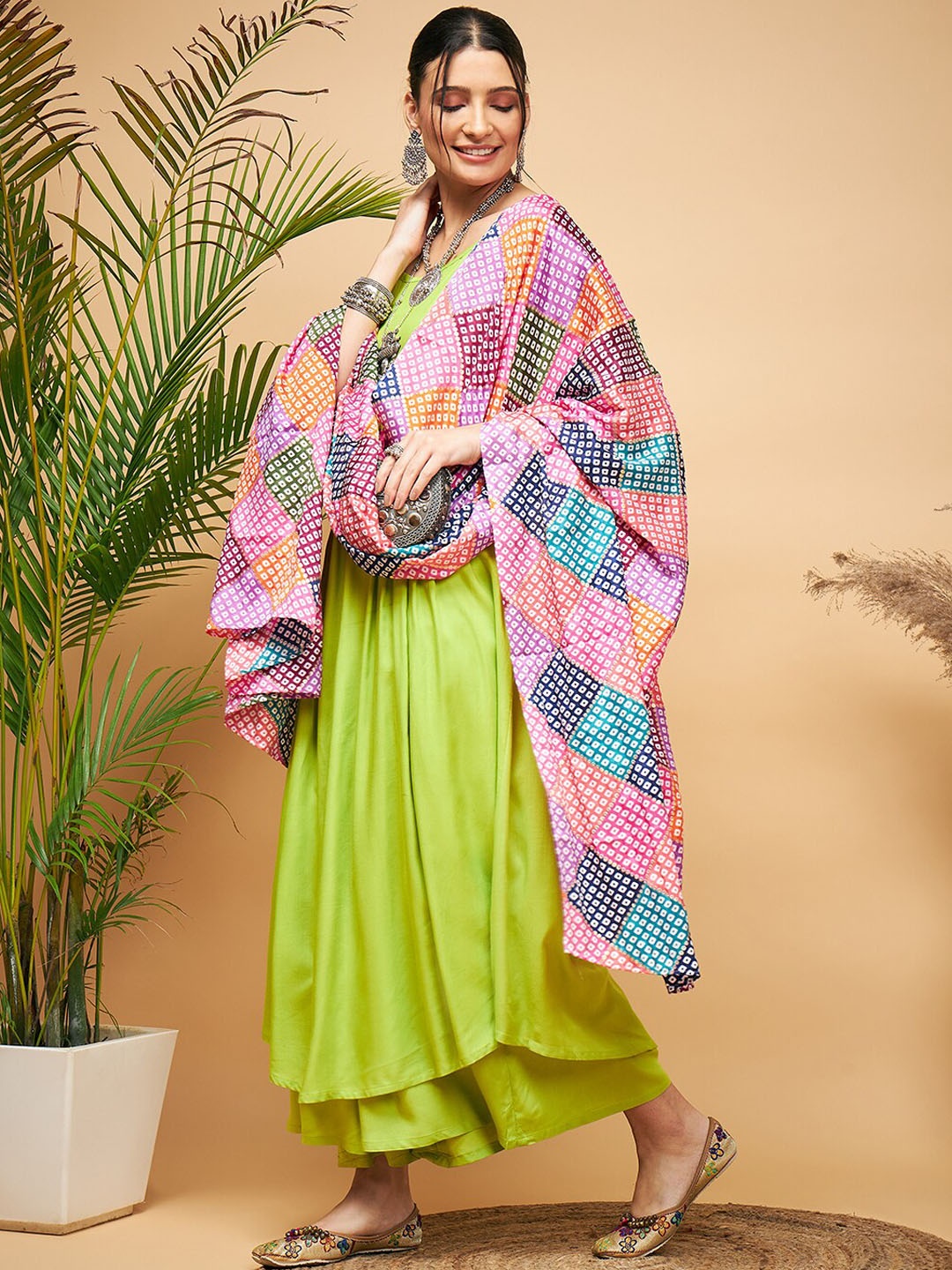 

InWeave Anarkali Kurta with Palazzos & With Dupatta, Lime green