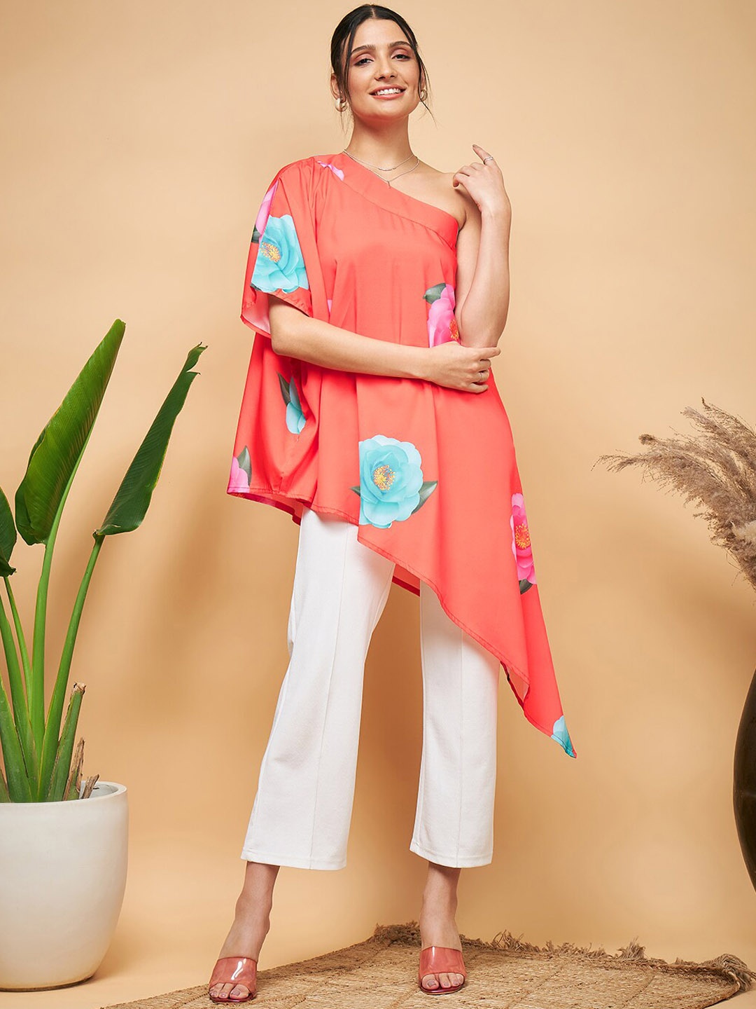 

InWeave Floral Printed One Shoulder A-Line Kurta, Orange