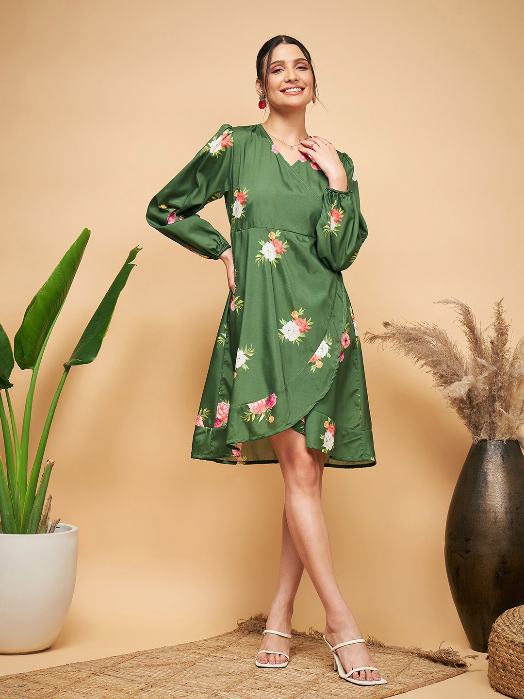 

InWeave Floral Printed Puff Sleeves Wrap Dress, Green