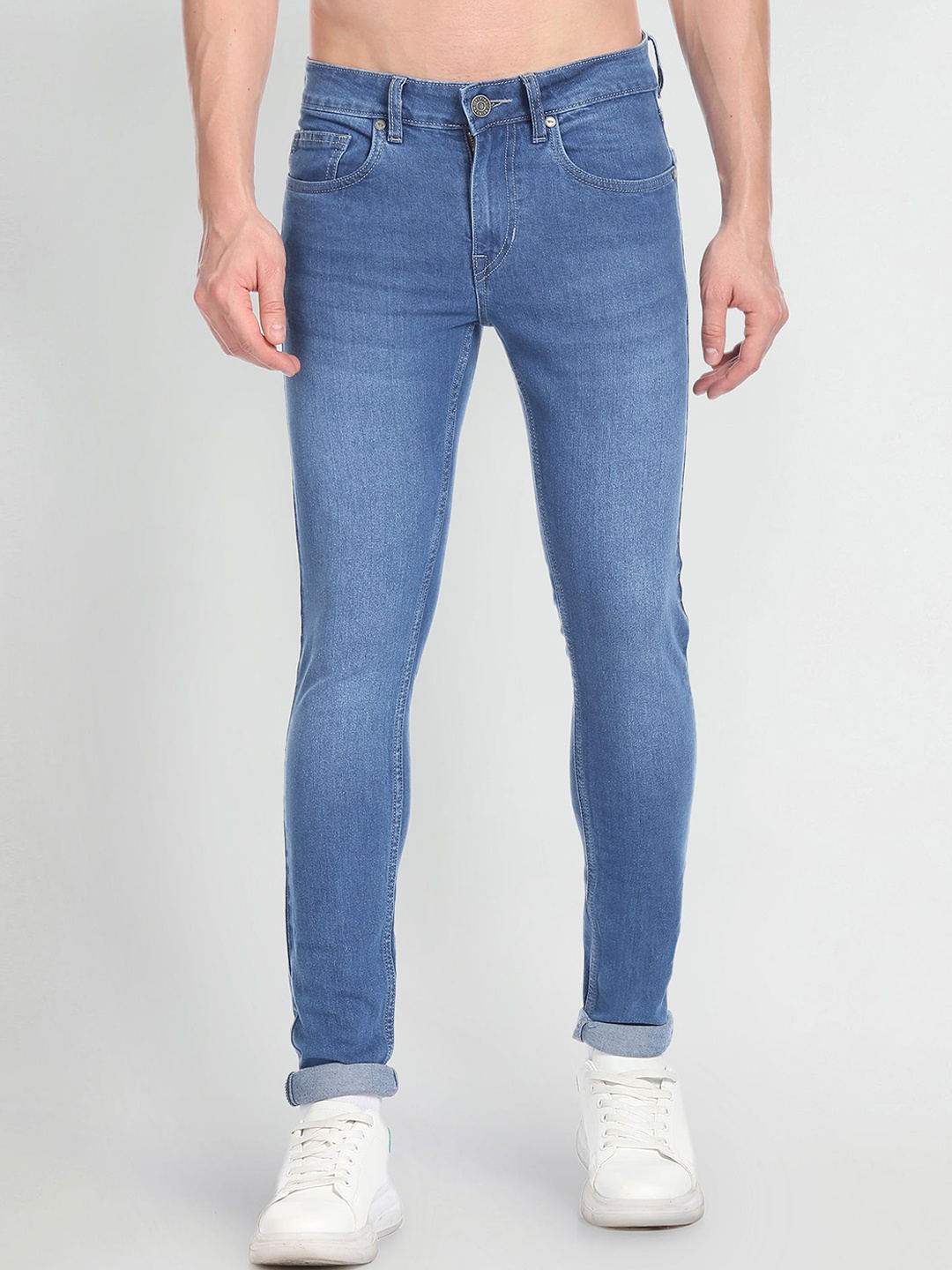 

Flying Machine Men Super Skinny Fit Low Distress Light Fade Stretchable Jeans, Blue