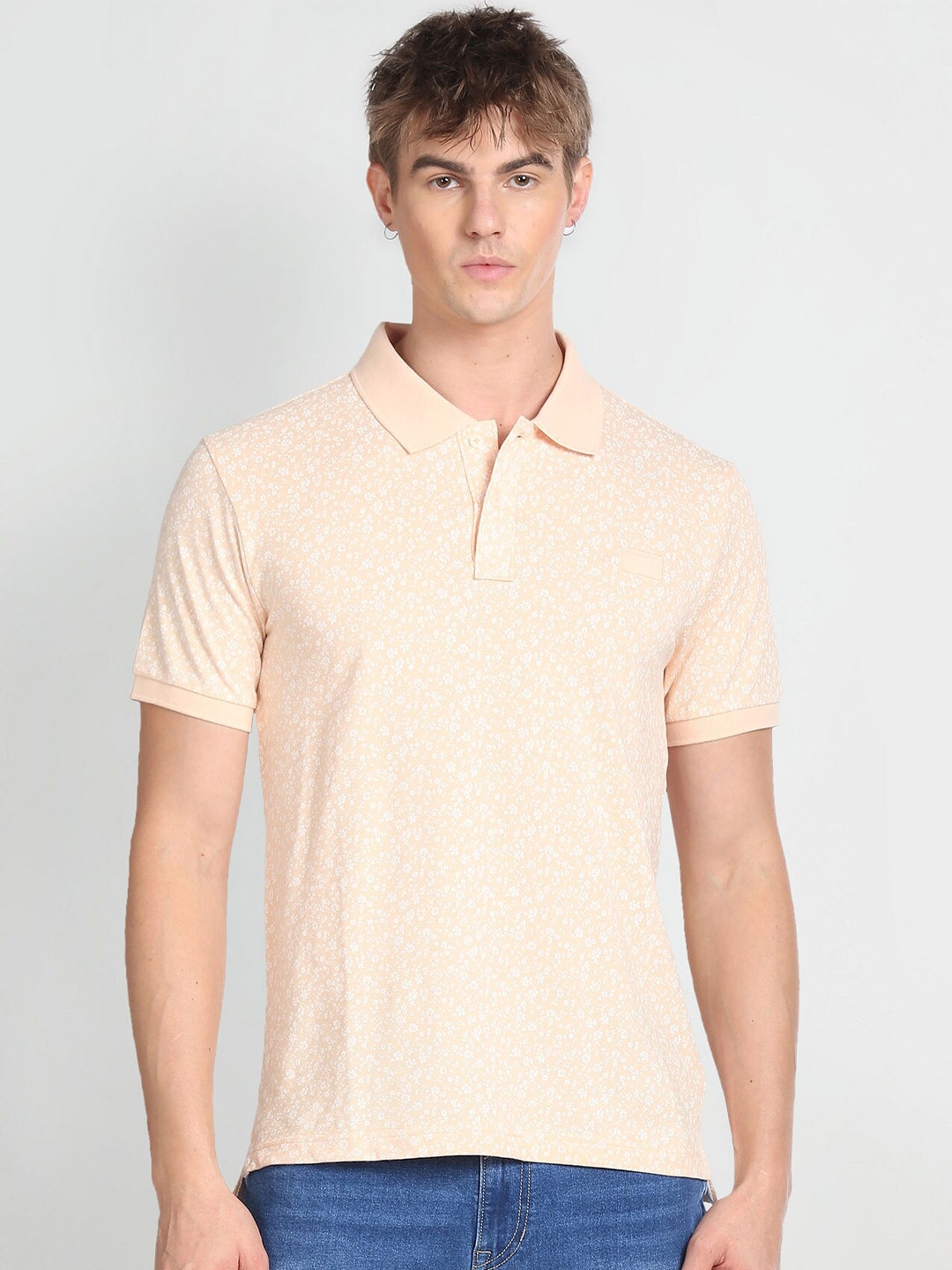 

Flying Machine Floral Printed Slim Fit Cotton T-shirt, Peach