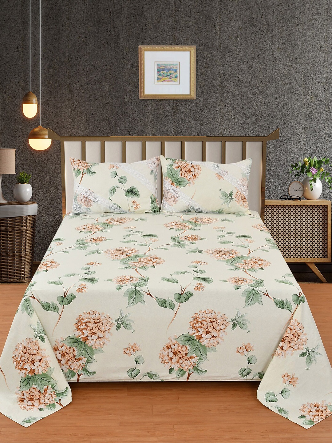 

BELVOSTUM Cream-Coloured Floral Printed Cotton 210 TC King Bedsheet With 2 Pillow Covers