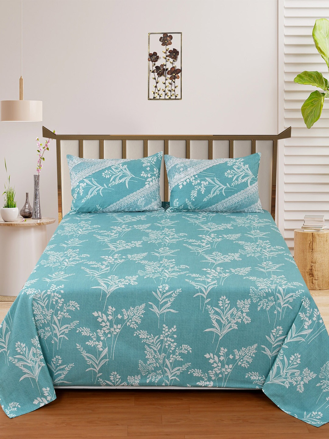 

BELVOSTUM The Real Artisan Blue Cotton 210 TC King Bedsheet with 2 Pillow Covers, Turquoise blue