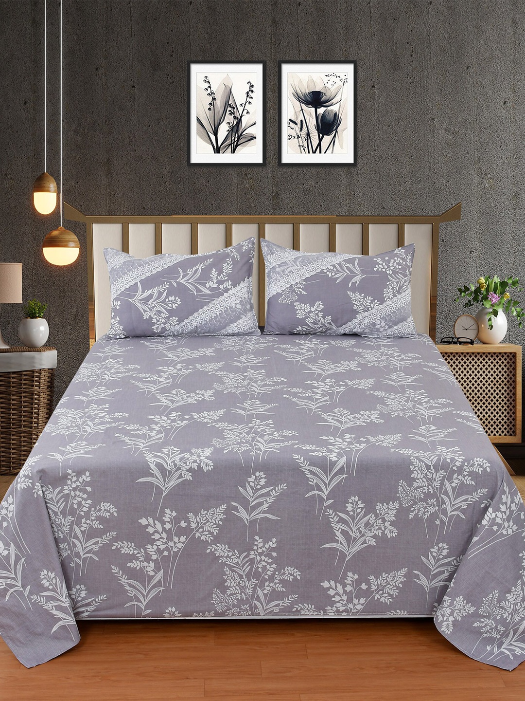 

BELVOSTUM The Real Artisan Grey Printed Cotton 210 TC King Bedsheet with 2 Pillow Covers