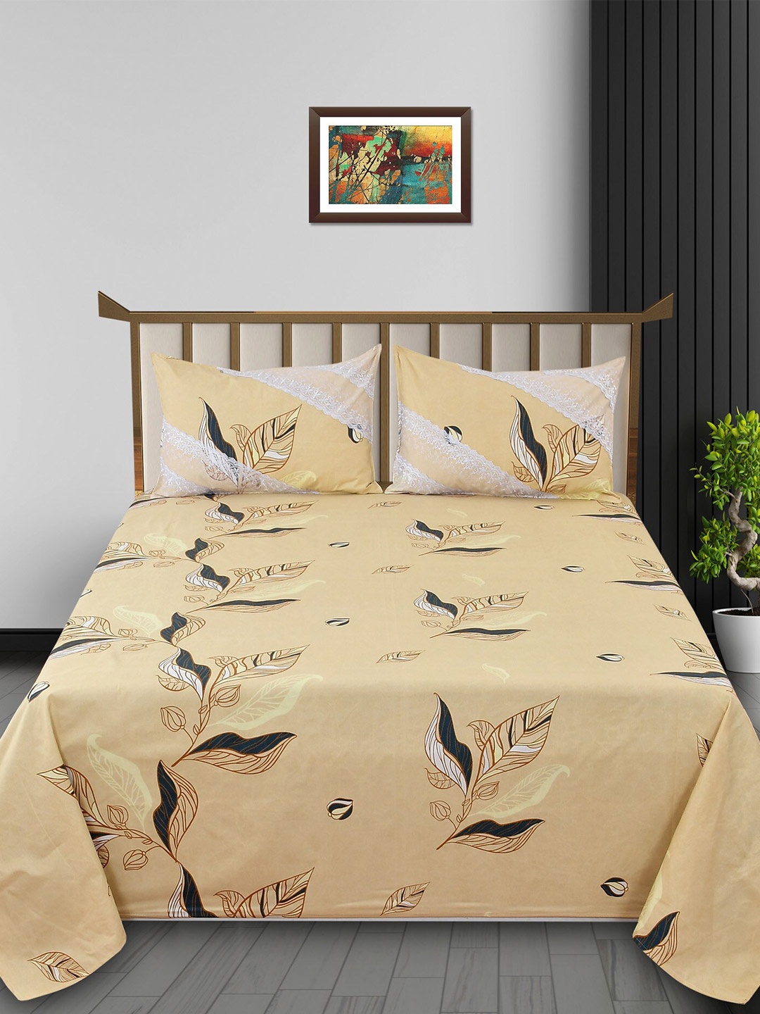 

BELVOSTUM The Real Artisan Cream Printed Cotton 210 TC King Bedsheet with 2 Pillow Covers