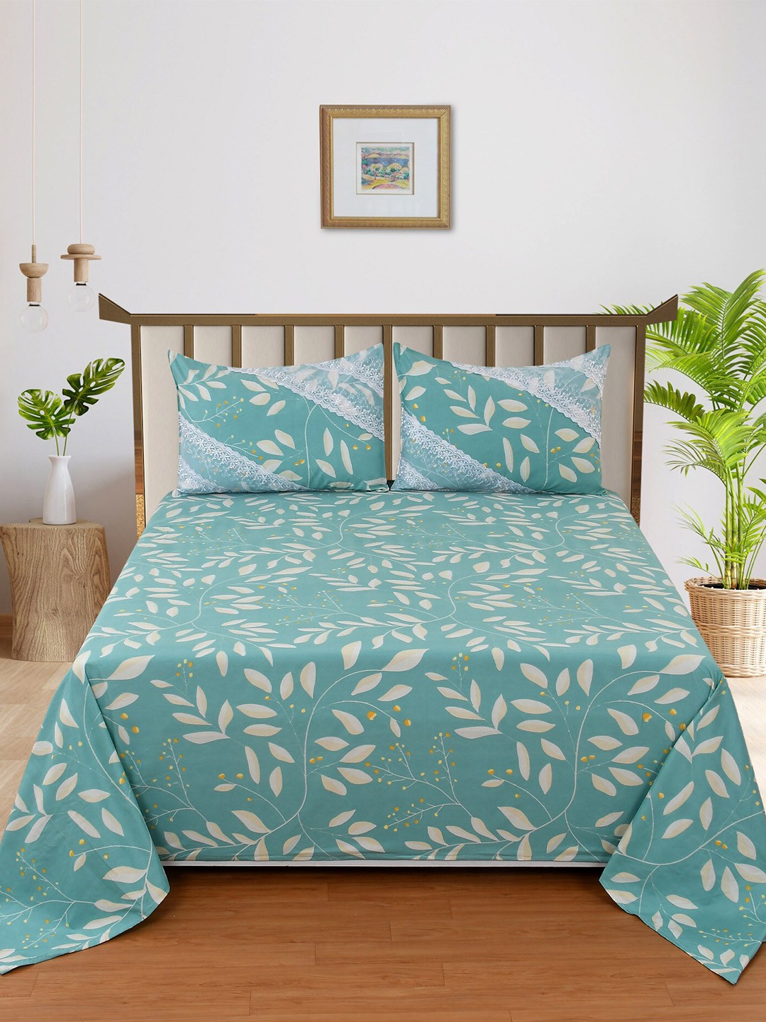 

BELVOSTUM The Real Artisan Green Printed Cotton 210 TC King Bedsheet with 2 Pillow Covers