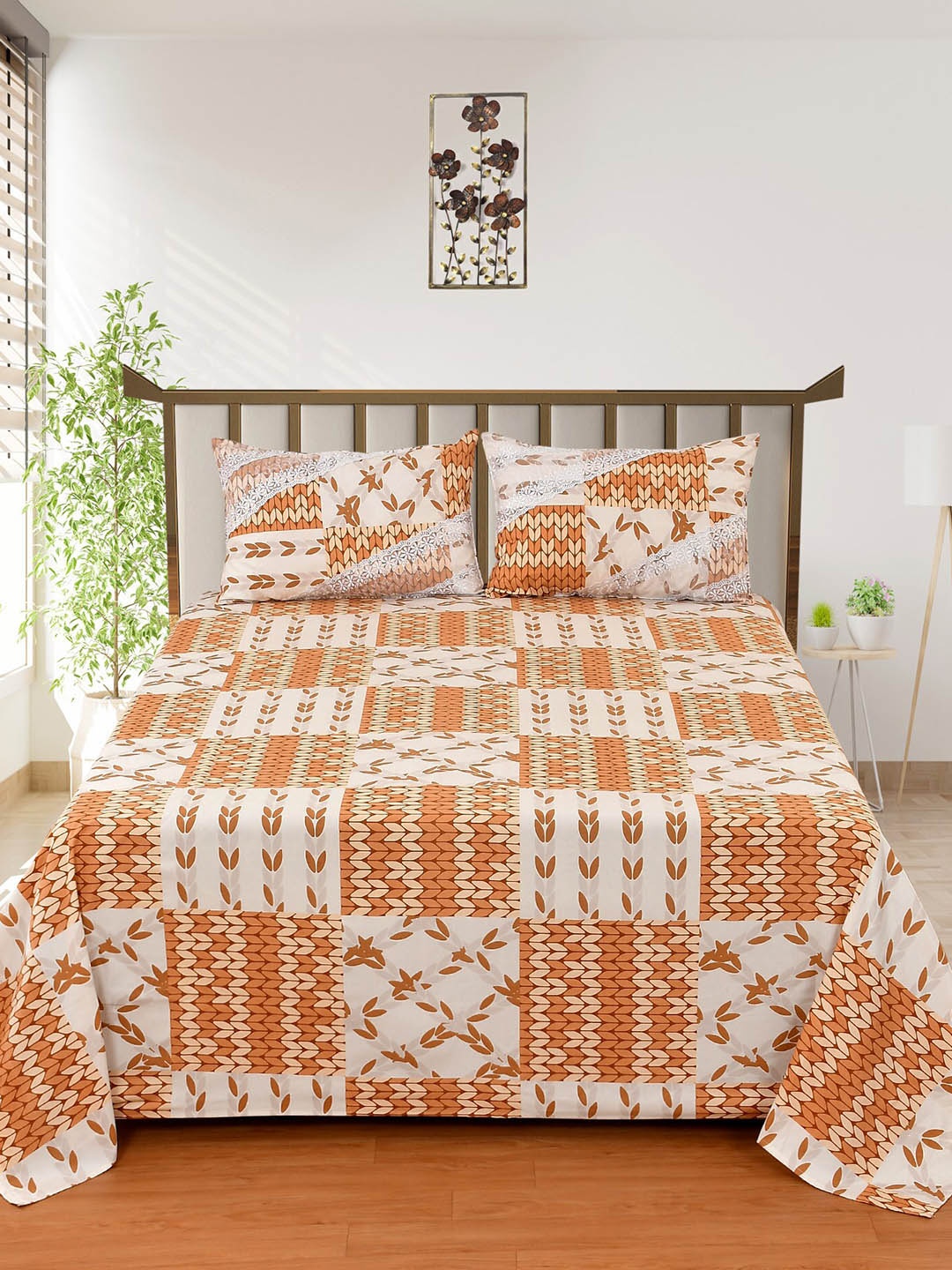 

BELVOSTUM Rust & Off White Ethnic Motifs Cotton 210 TC King Bedsheet & 2 Pillow Covers