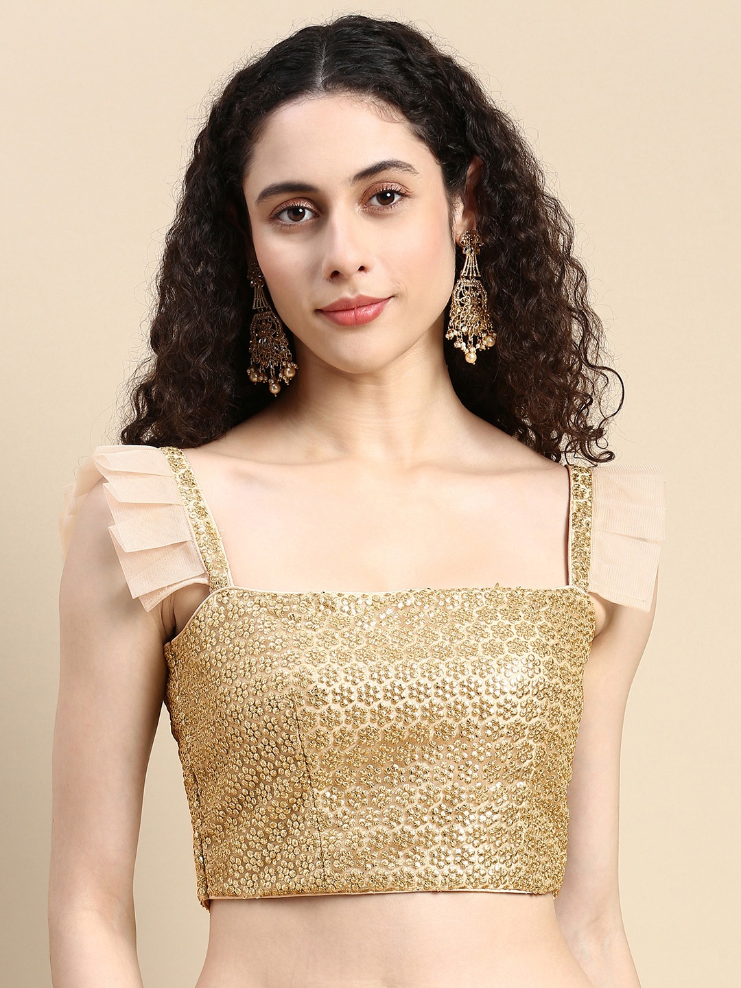 

Ethnovog Embroidered Beads & Stone Net Saree Blouse, Beige