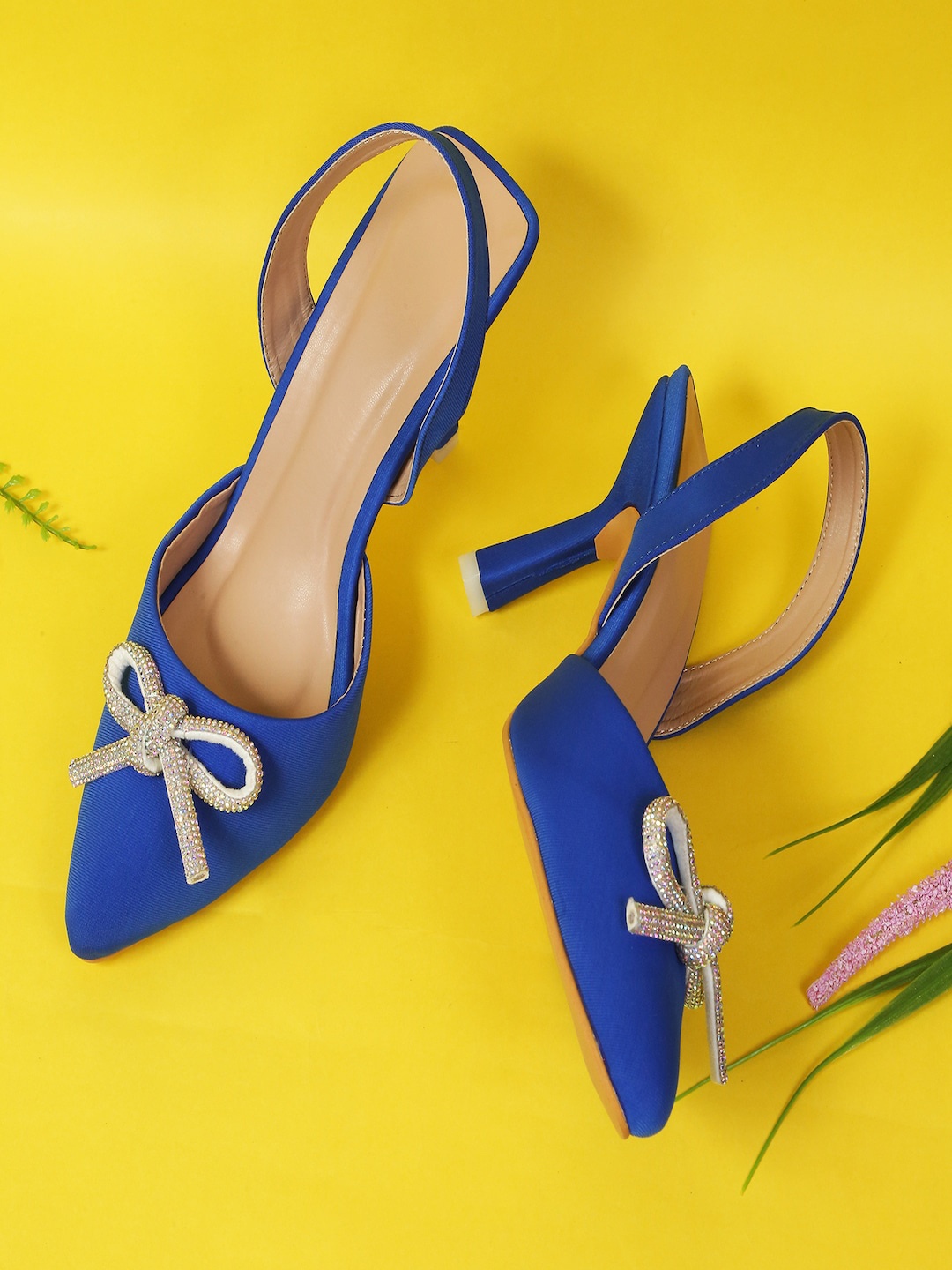 

HASTEN Embellished Pointed Toe Stiletto Pumps With Backstrap, Blue