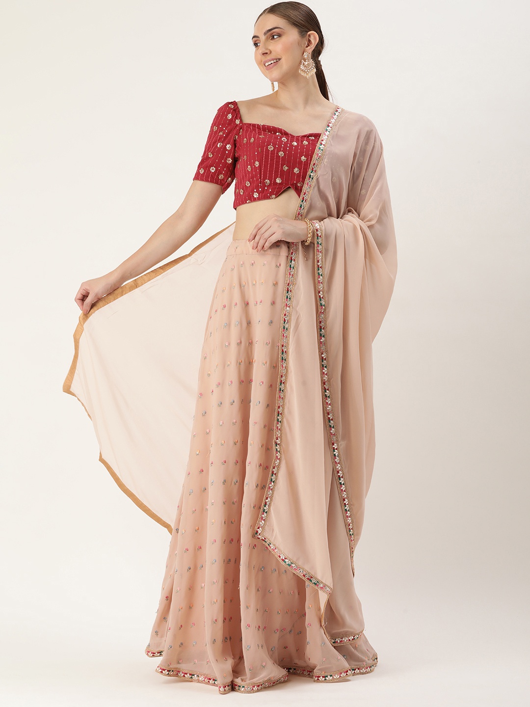 

Ethnovog Embroidered Sequinned Ready to Wear Lehenga & Blouse Dupatta, Green