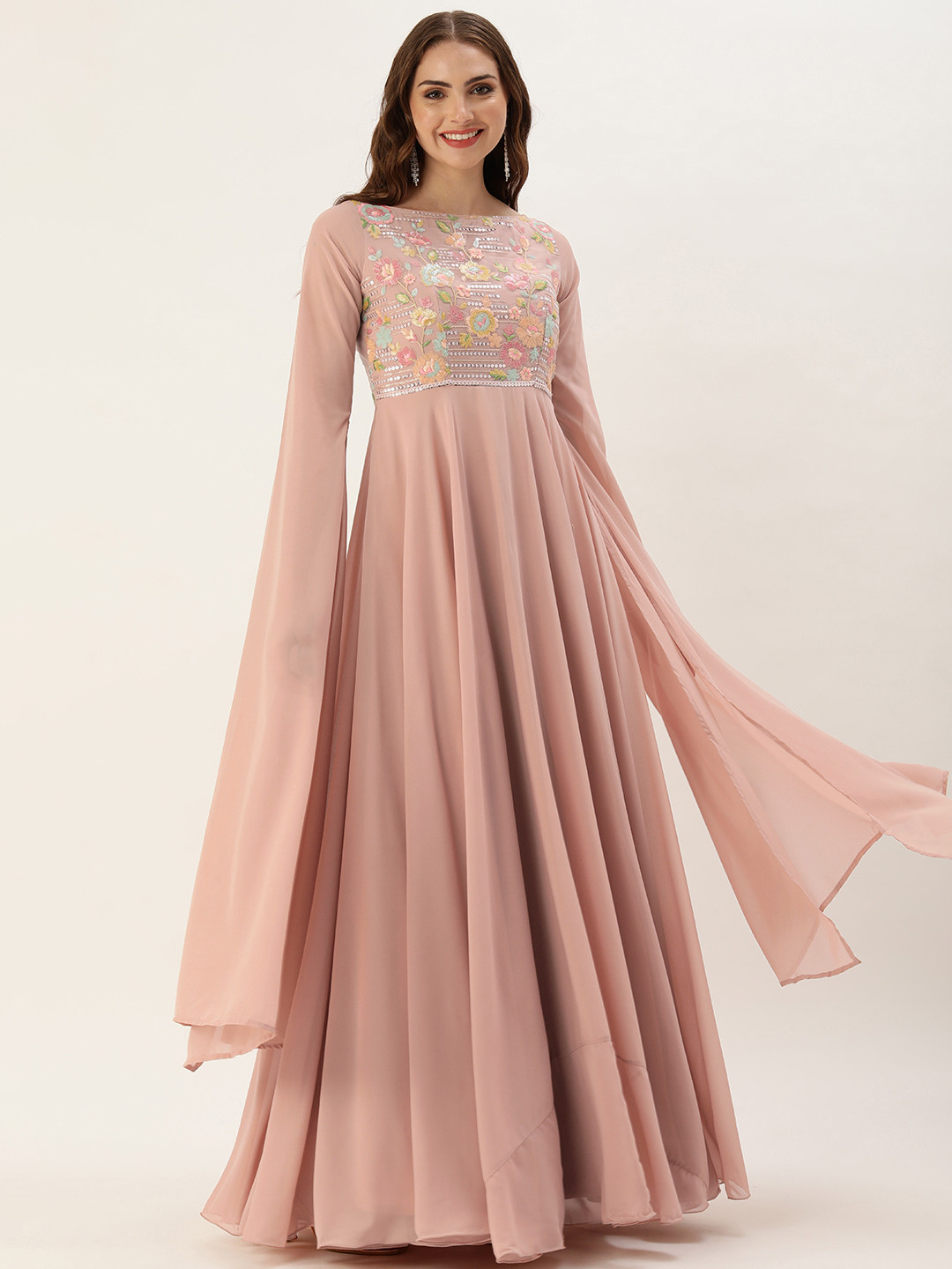 

Ethnovog Floral Embroidered Sequinned Cape Sleeves Georgette Gown, Pink