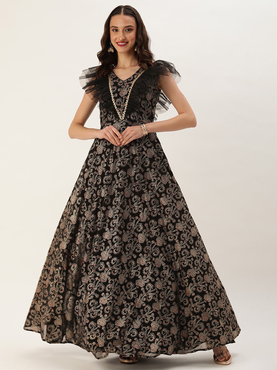 

Ethnovog Ethnic Motifs Foil Printed Embellished Flutter Sleeves Satin Gown, Black