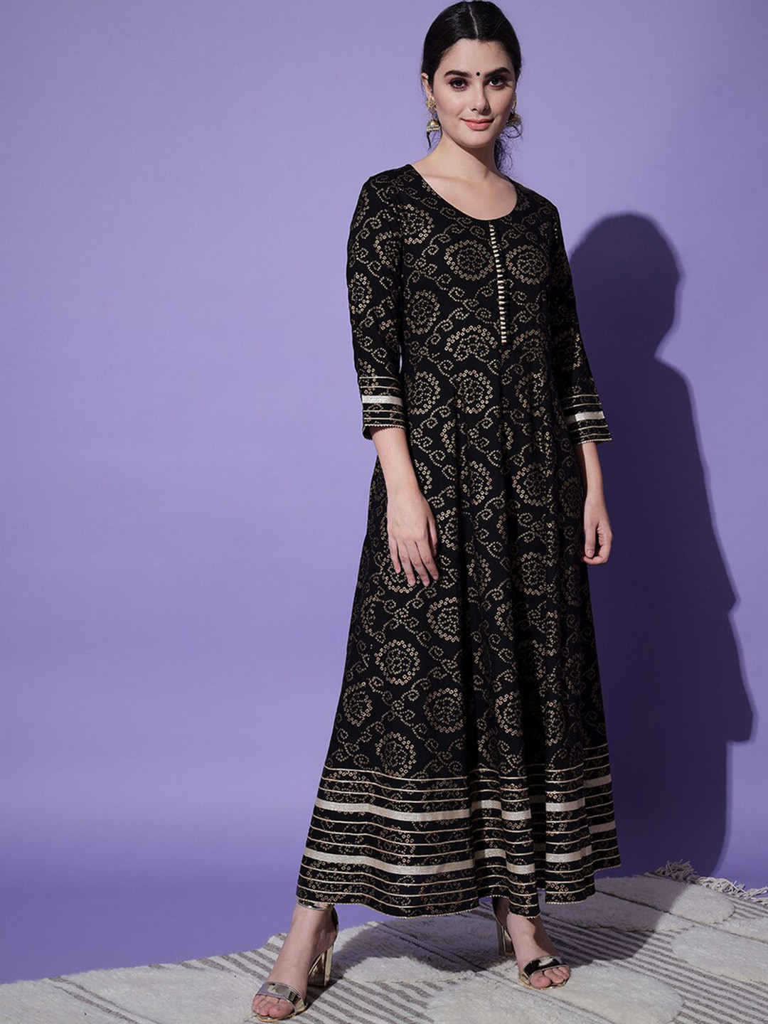 

KALINI Geometric Printed A-Line Maxi Ethnic Dress, Black