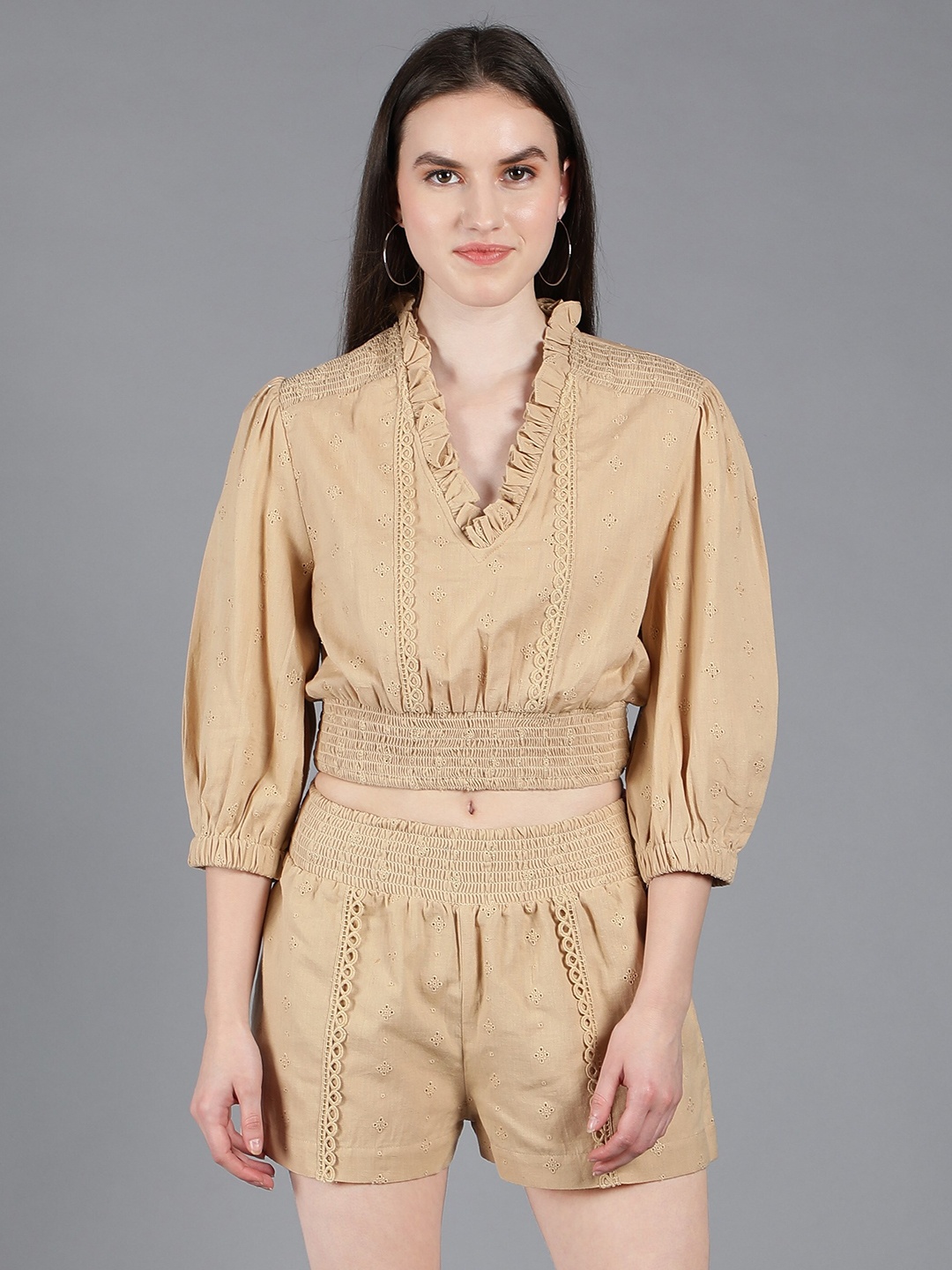 

Amagyaa Self Design Ruffled Top & Shorts, Beige